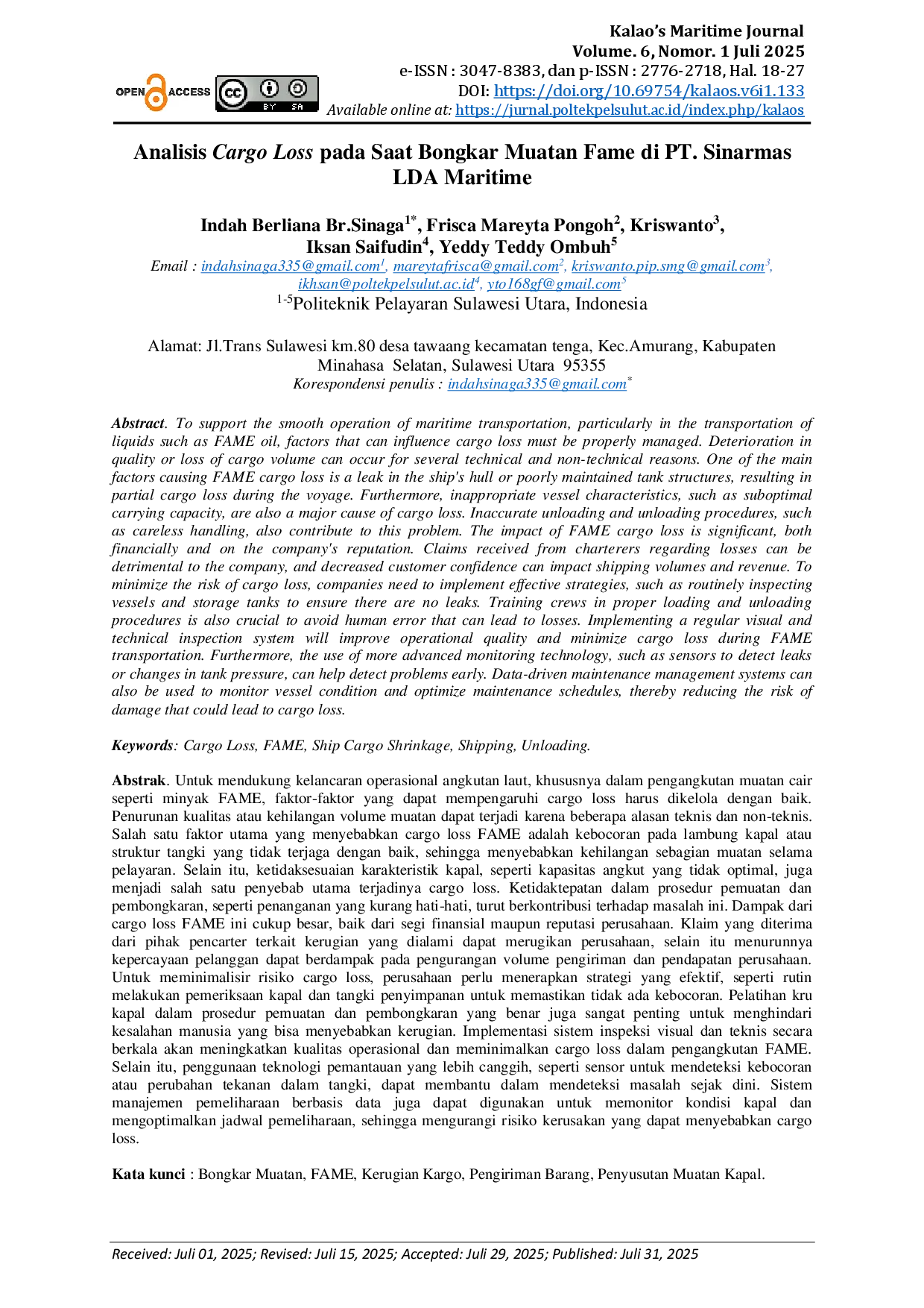 juris Analisis Cargo Loss pada Saat Bongkar Muatan Fame di PT Sinarmas LDA Maritime