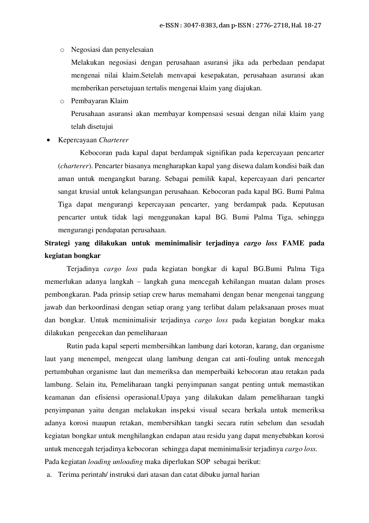 juris Analisis Cargo Loss pada Saat Bongkar Muatan Fame di PT Sinarmas LDA Maritime