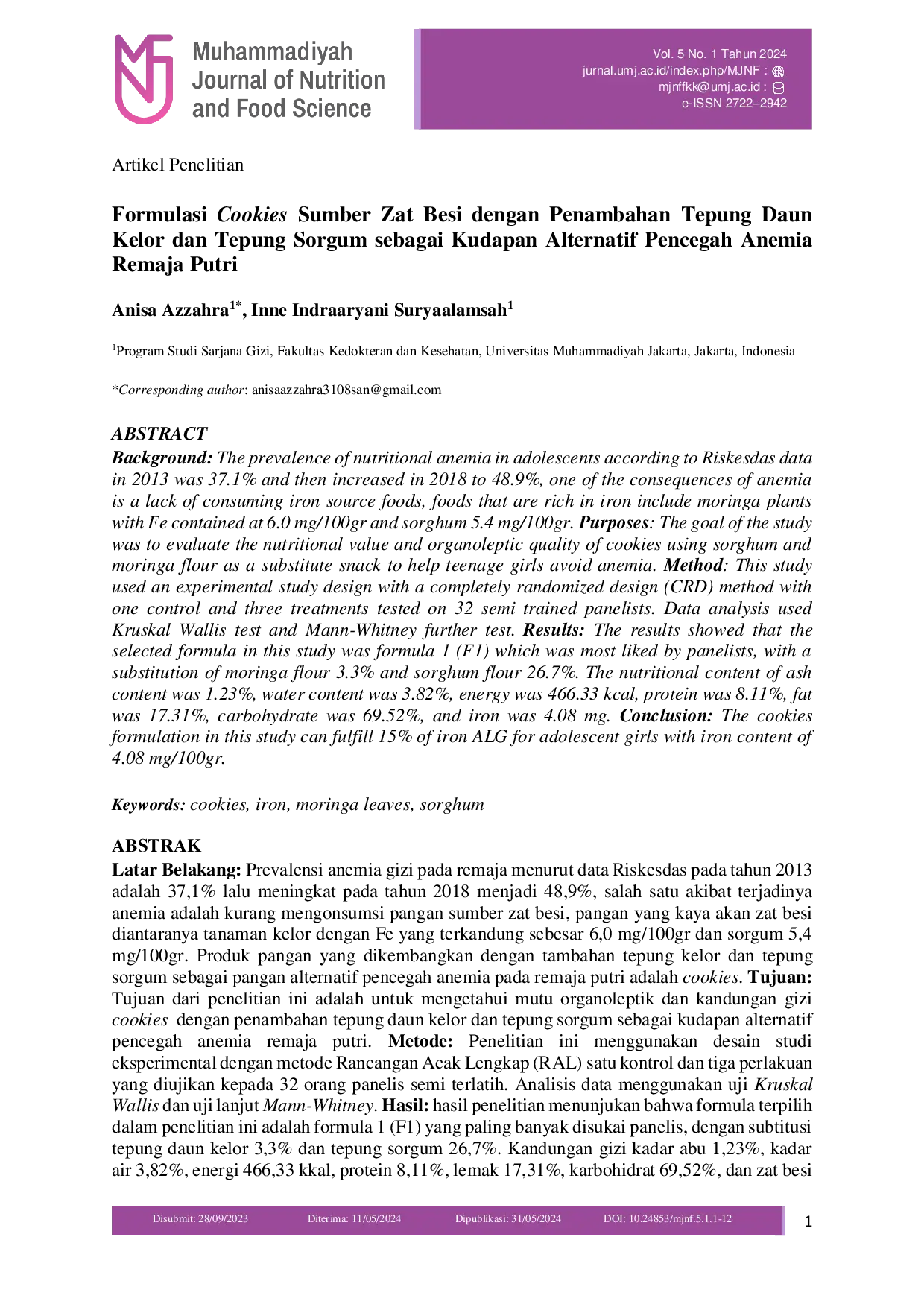 JURIS Formulasi Cookies Sumber Zat Besi dengan Penambahan Tepung Daun Kelor dan Tepung Sorgum sebagai Kudapan Alternatif Pencegah Anemia Remaja Putri