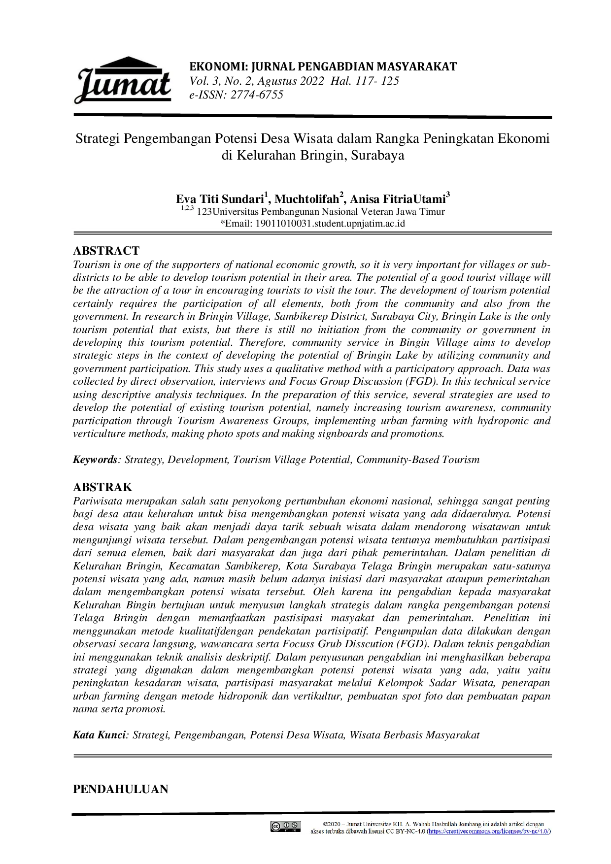 JURIS Strategi Pengembangan Potensi Desa Wisata dalam Rangka Peningkatan Ekonomi di Kelurahan Bringin Surabaya