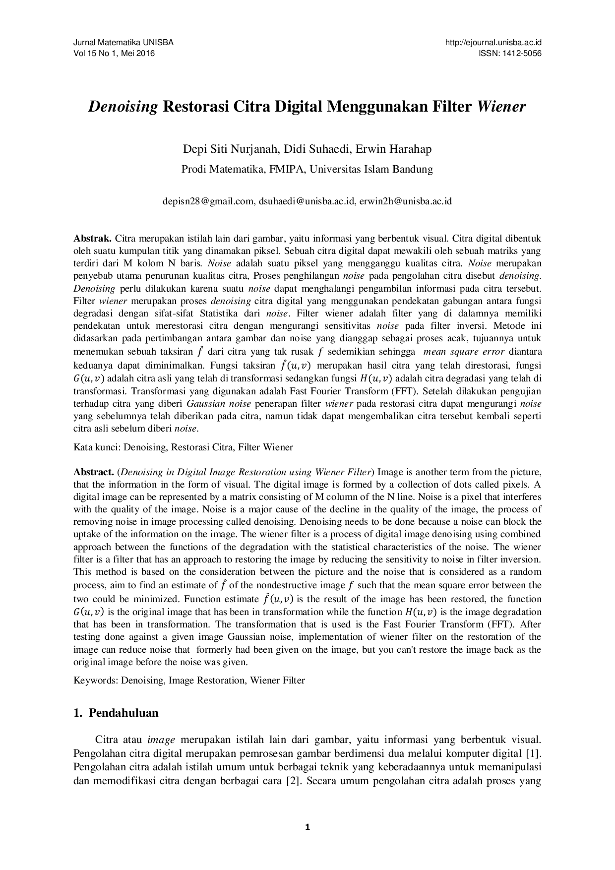JURIS Denoising Restorasi Citra Digital Menggunakan Filter Wiener