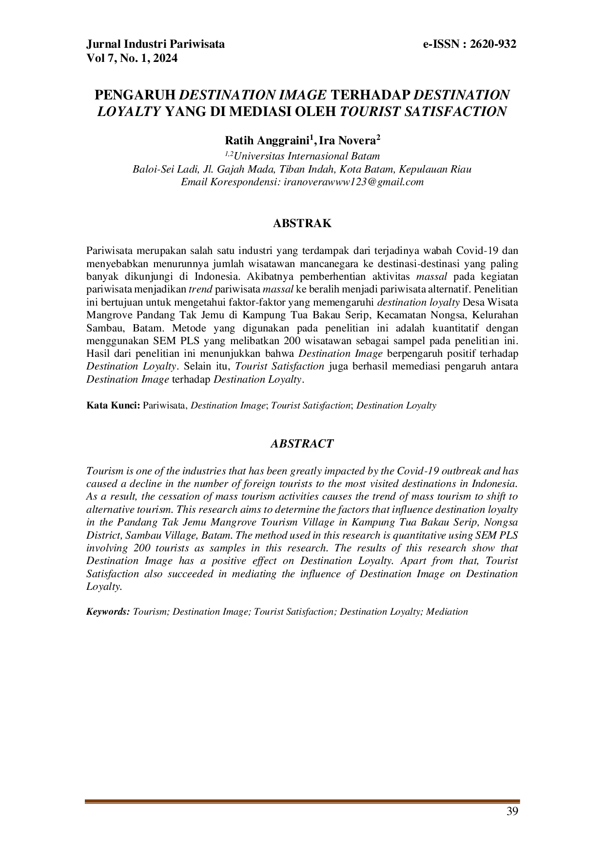 juris Pengaruh Destination Image Terhadap Destination Loyalty Yang Di Mediasi Oleh Tourist Satisfaction