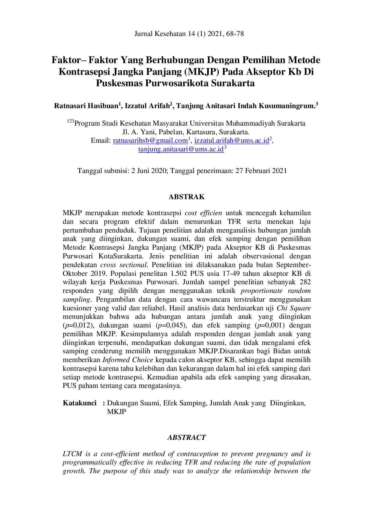 JURIS Faktor Faktor Yang Berhubungan Dengan Pemilihan Metode Kontrasepsi Jangka Panjang MKJP Pada Akseptor KB Di Puskesmas Purwosarikota Surakarta