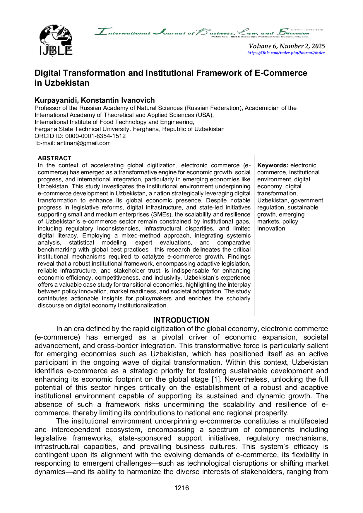 JURIS Digital Transformation and Institutional Framework of E Commerce in Uzbekistan
