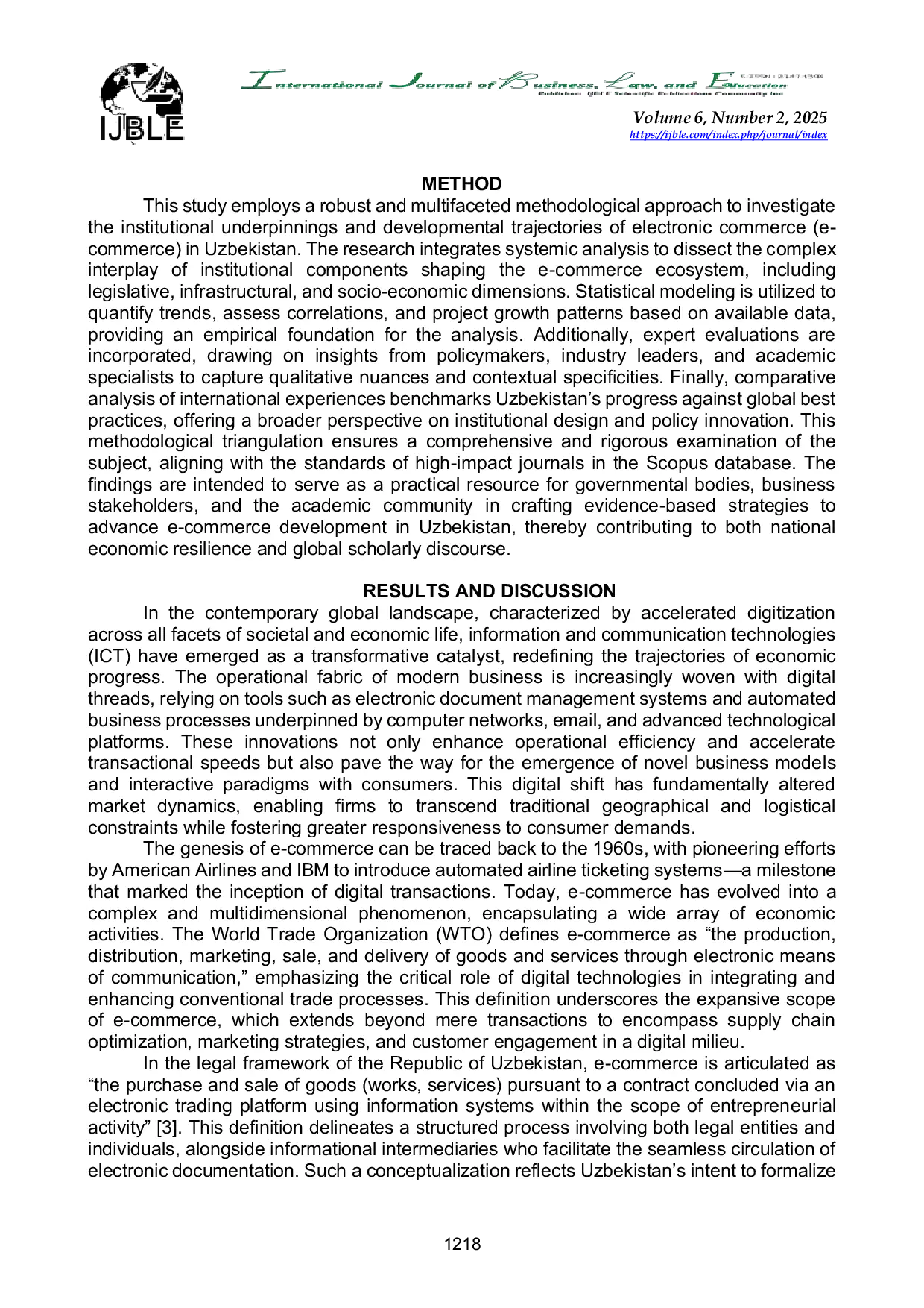 JURIS Digital Transformation and Institutional Framework of E Commerce in Uzbekistan