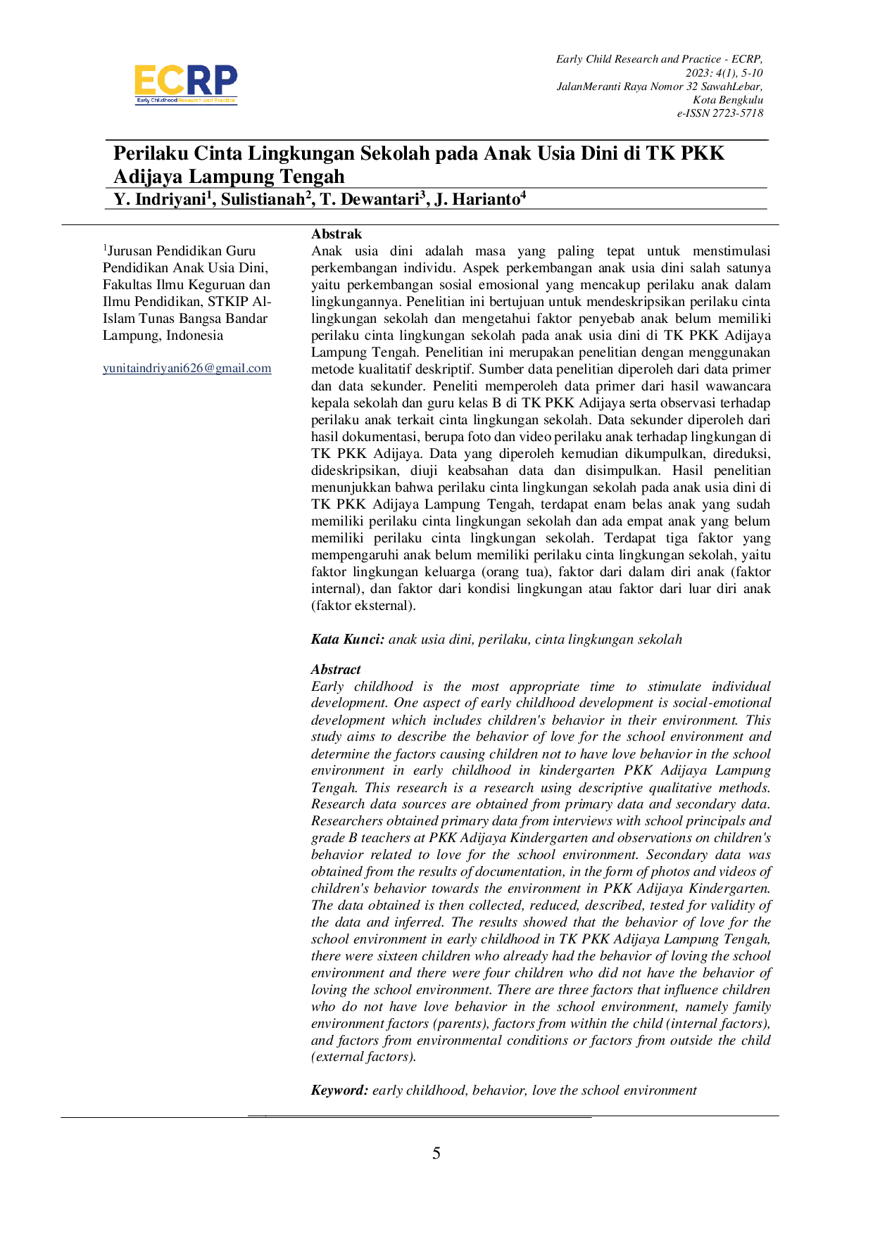 JURIS Perilaku Cinta Lingkungan Sekolah pada Anak Usia Dini di TK PKK Adijaya Lampung Tengah