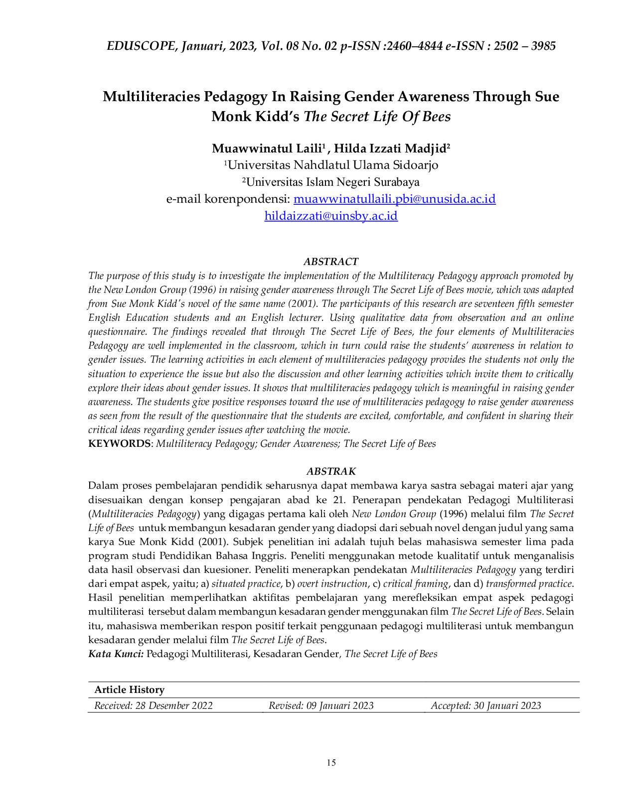JURIS Multiliteracies Pedagogy In Raising Gender Awareness Through Sue Monk Kidd s The Secret Life Of Bees