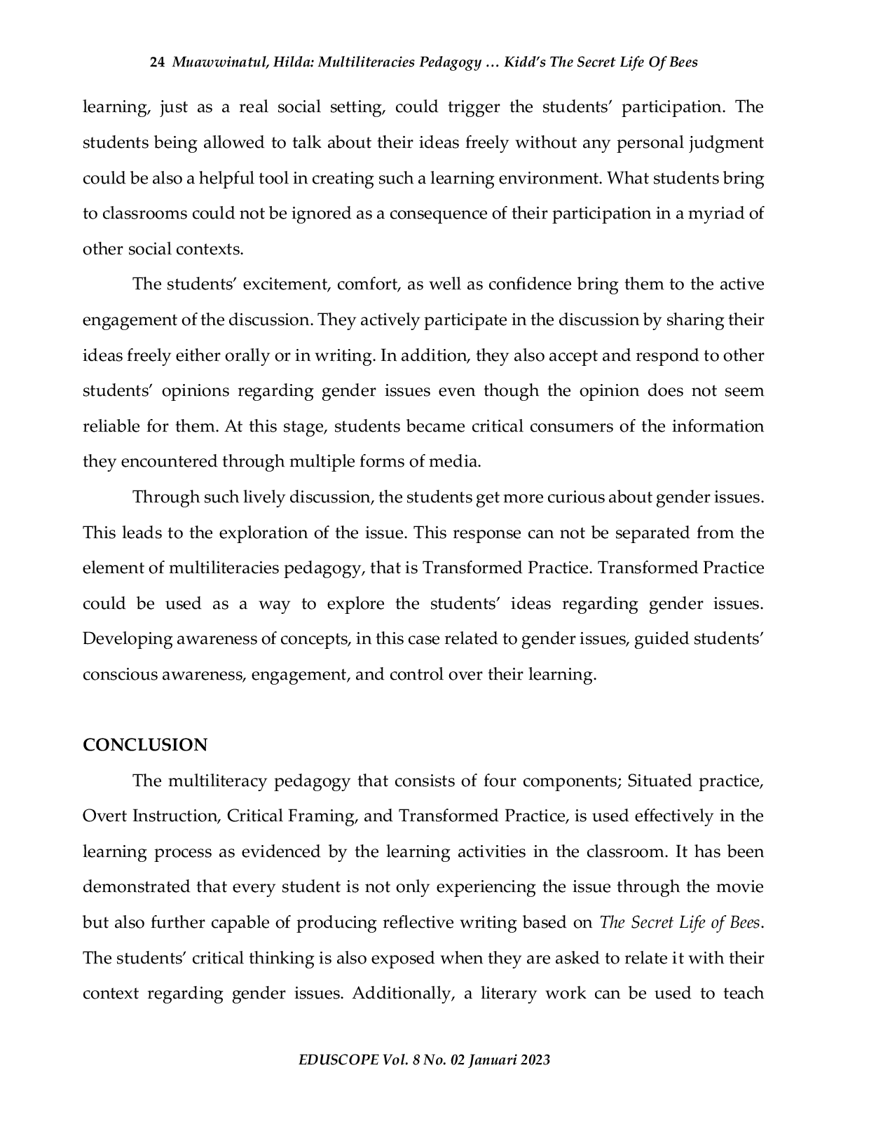 JURIS Multiliteracies Pedagogy In Raising Gender Awareness Through Sue Monk Kidd s The Secret Life Of Bees