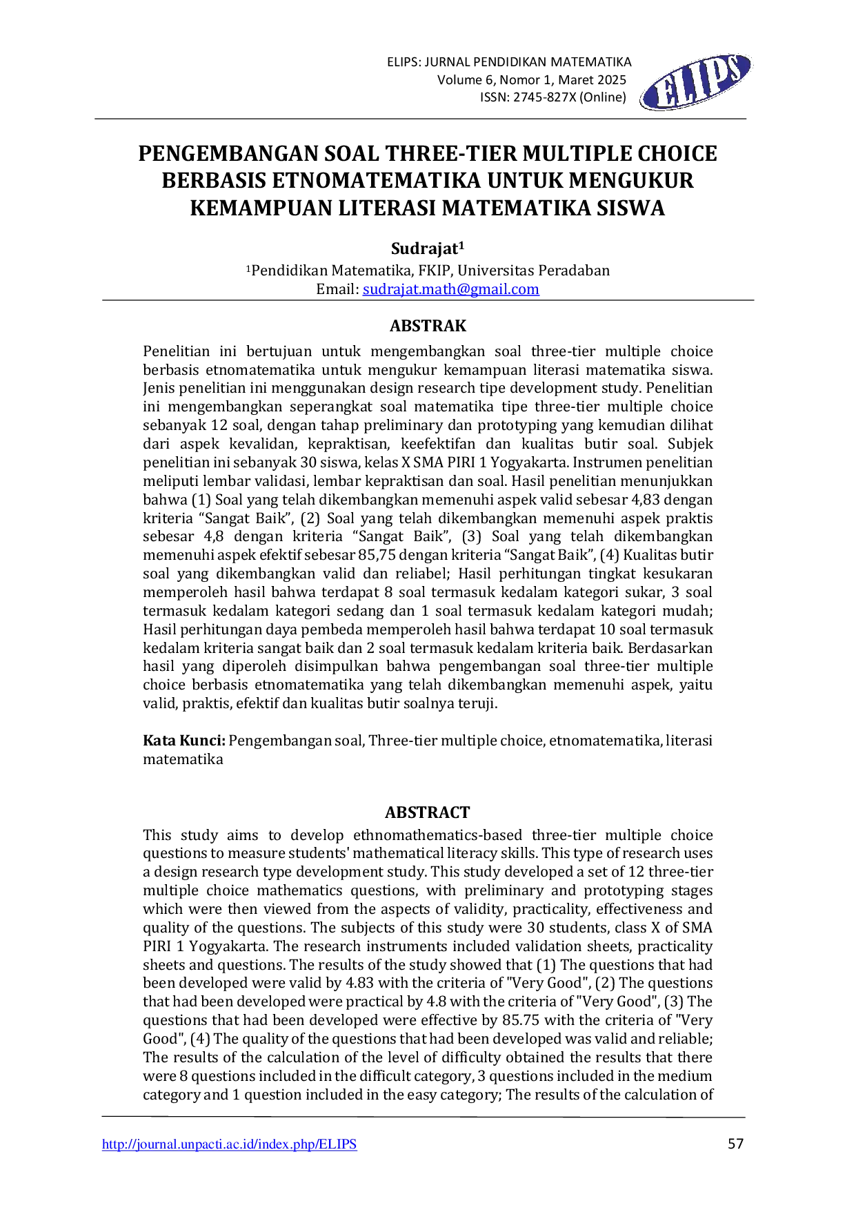 JURIS Pengembangan Soal Three Tier Multiple Choice Berbasis Etnomatematika Untuk Mengukur Kemampuan Literasi Matematika Siswa