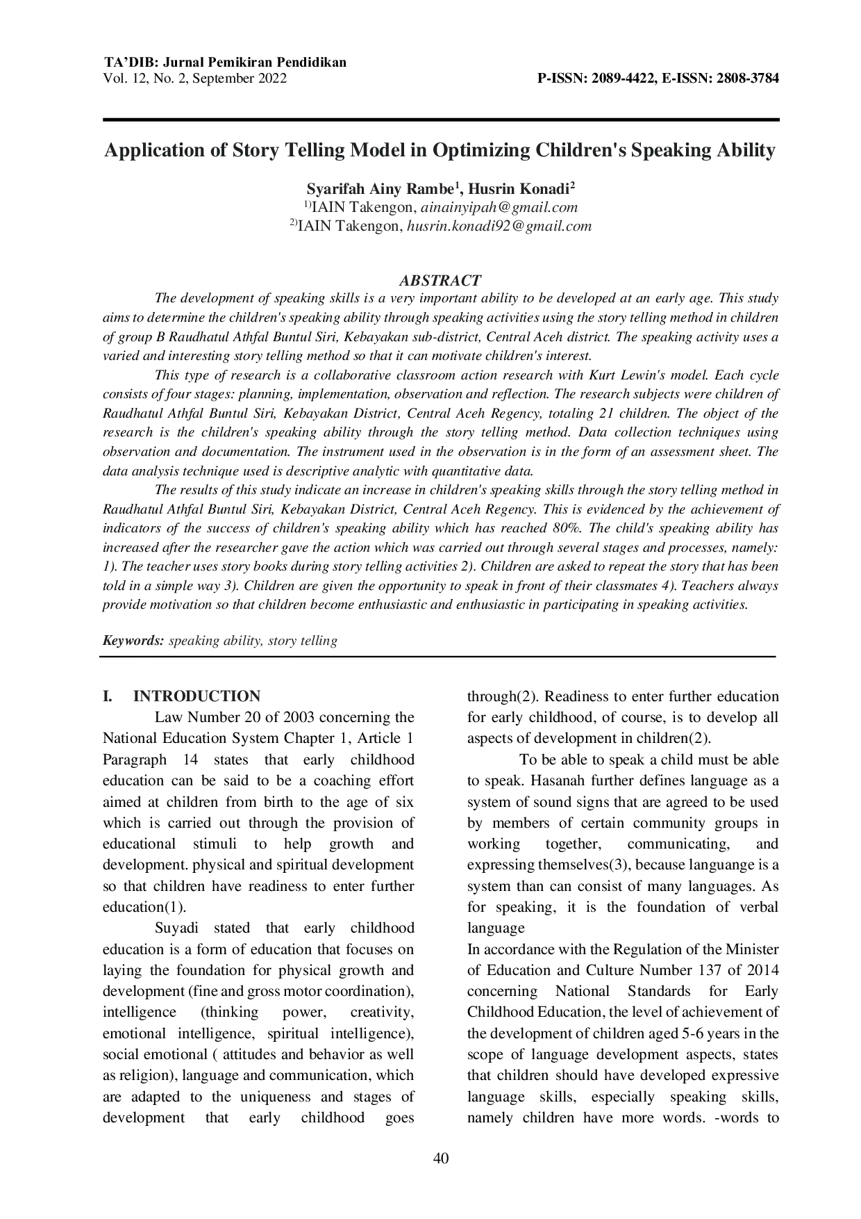 JURIS Aplikasi Model Story Telling Dalam Meningkatkan Kemampuan Berbicara Anak