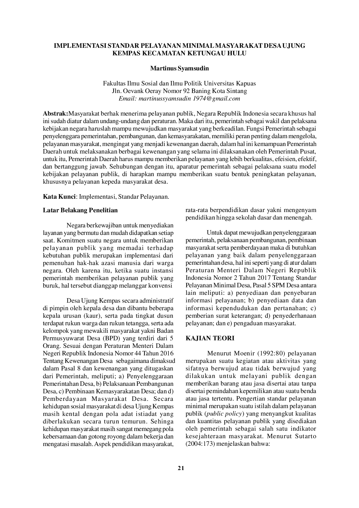 JURIS Implementasi Standar Pelayanan Minimal Masyarakat Desa Ujung Kempas Kecamatan Ketungau Hulu