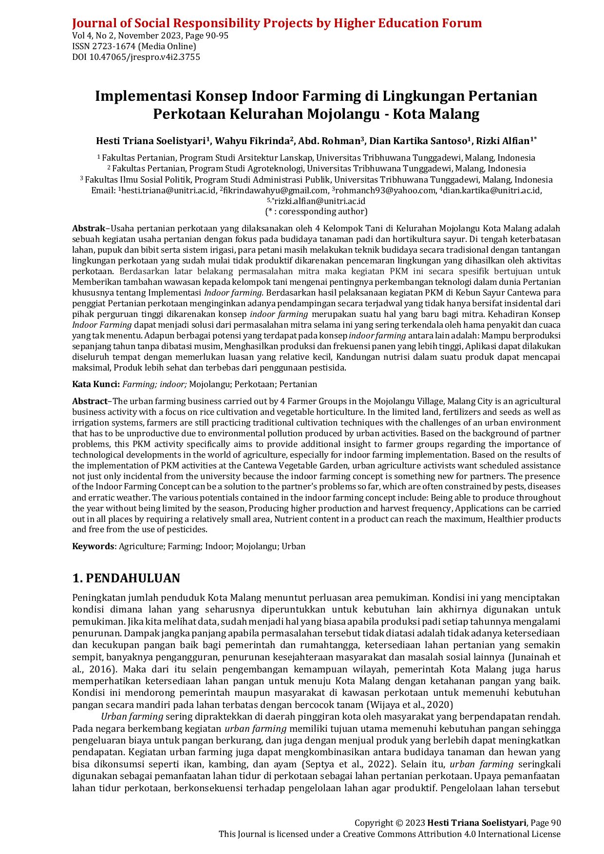JURIS Implementasi Konsep Indoor Farming di Lingkungan Pertanian Perkotaan Kelurahan Mojolangu Kota Malang