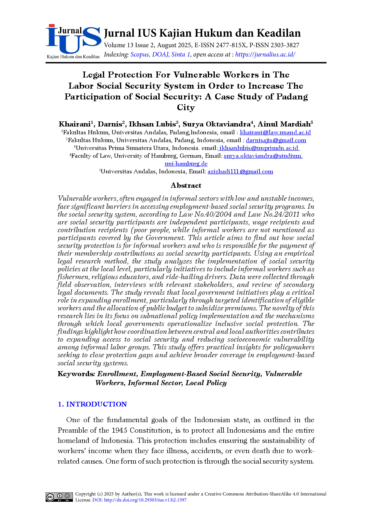 juris Legal Protection For Vulnerable Workers in The Labor Social Security System in Order to Increase The Participation of Social Security A Case Study of Padang City