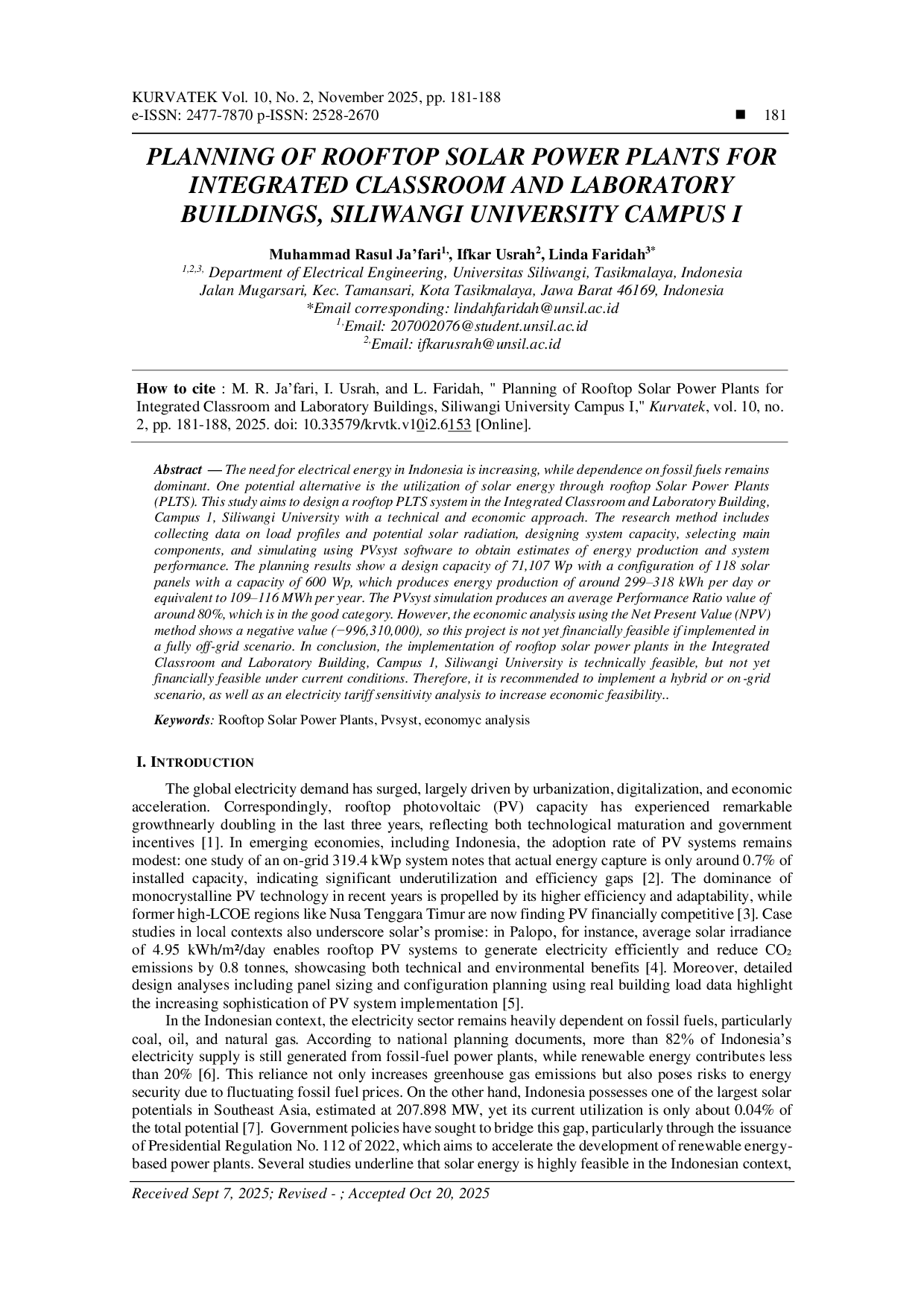 JURIS Planning of Rooftop Solar Power Plants for Integrated Classroom and Laboratory Buildings Siliwangi University Campus I