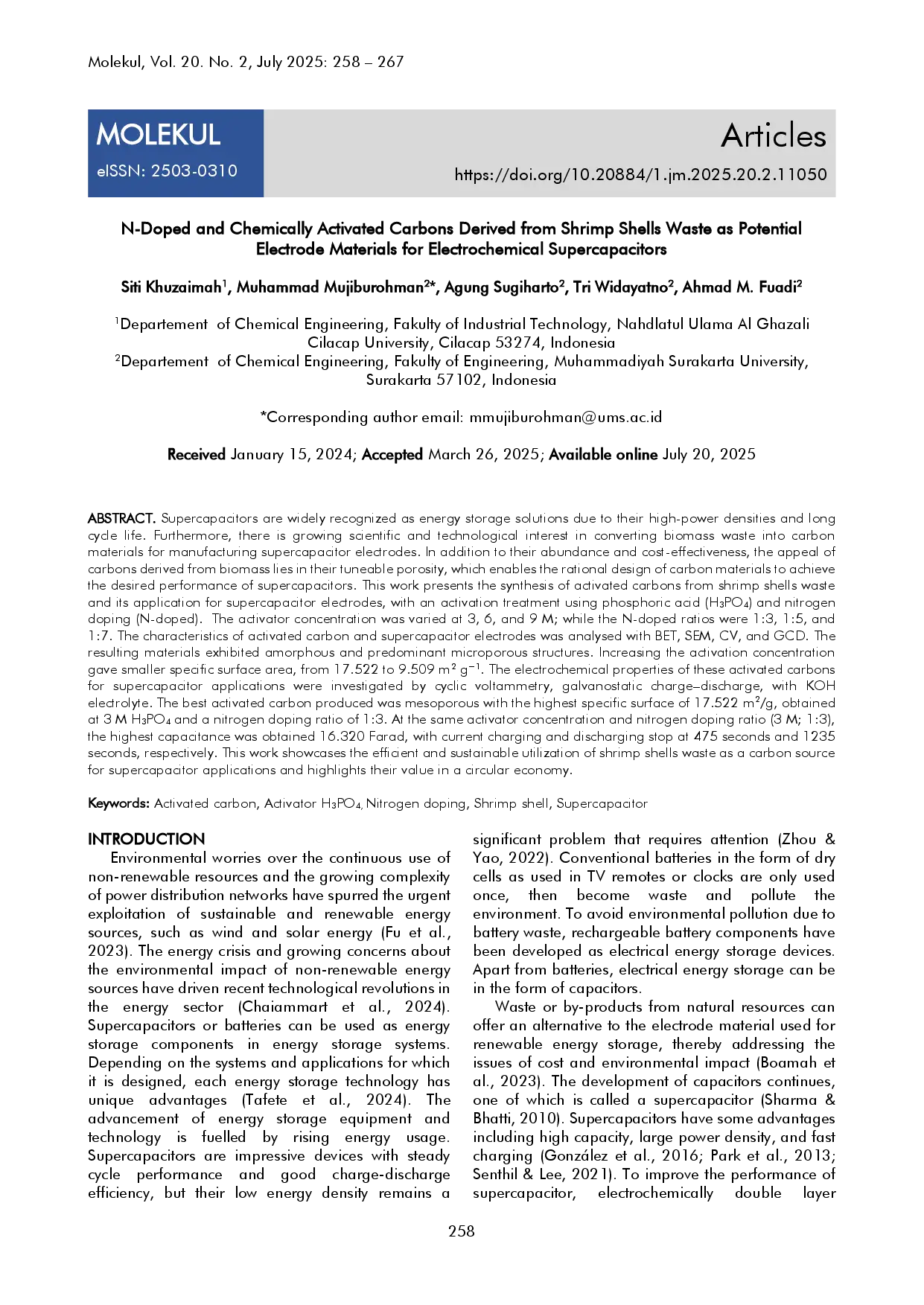 juris N Doped and Chemically Activated Carbons Derived from Shrimp Shells Waste as Potential Electrode Materials for Electrochemical Supercapacitors