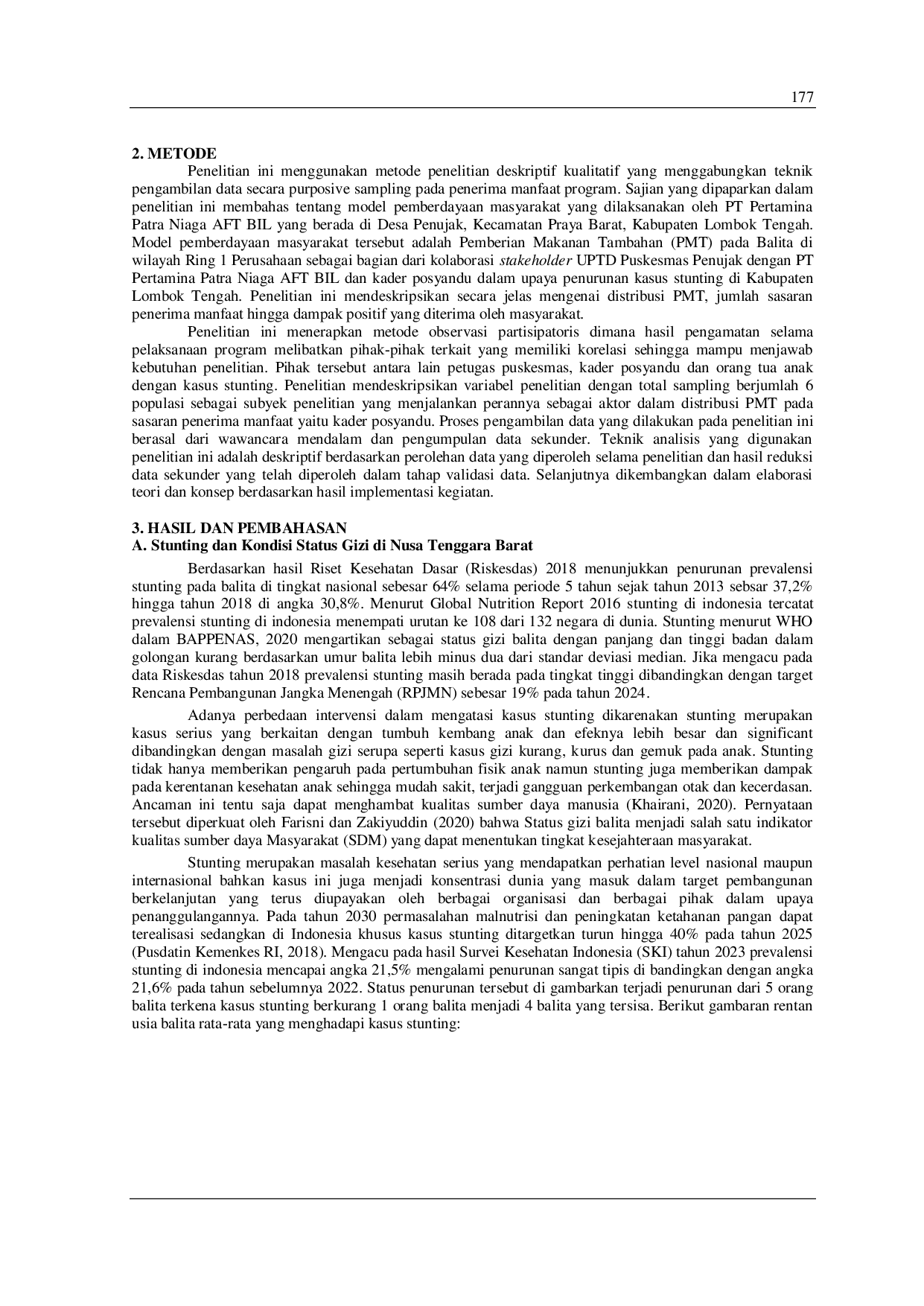 JURIS Analisis Model Pemberdayaan Masyarakat PT Pertamina Patra Niaga Aft Bil Dalam Penanggulangan Penurunan Angka Stunting Di Desa Penujak Kecamatan Praya Barat Kabupaten Lombok Tengah