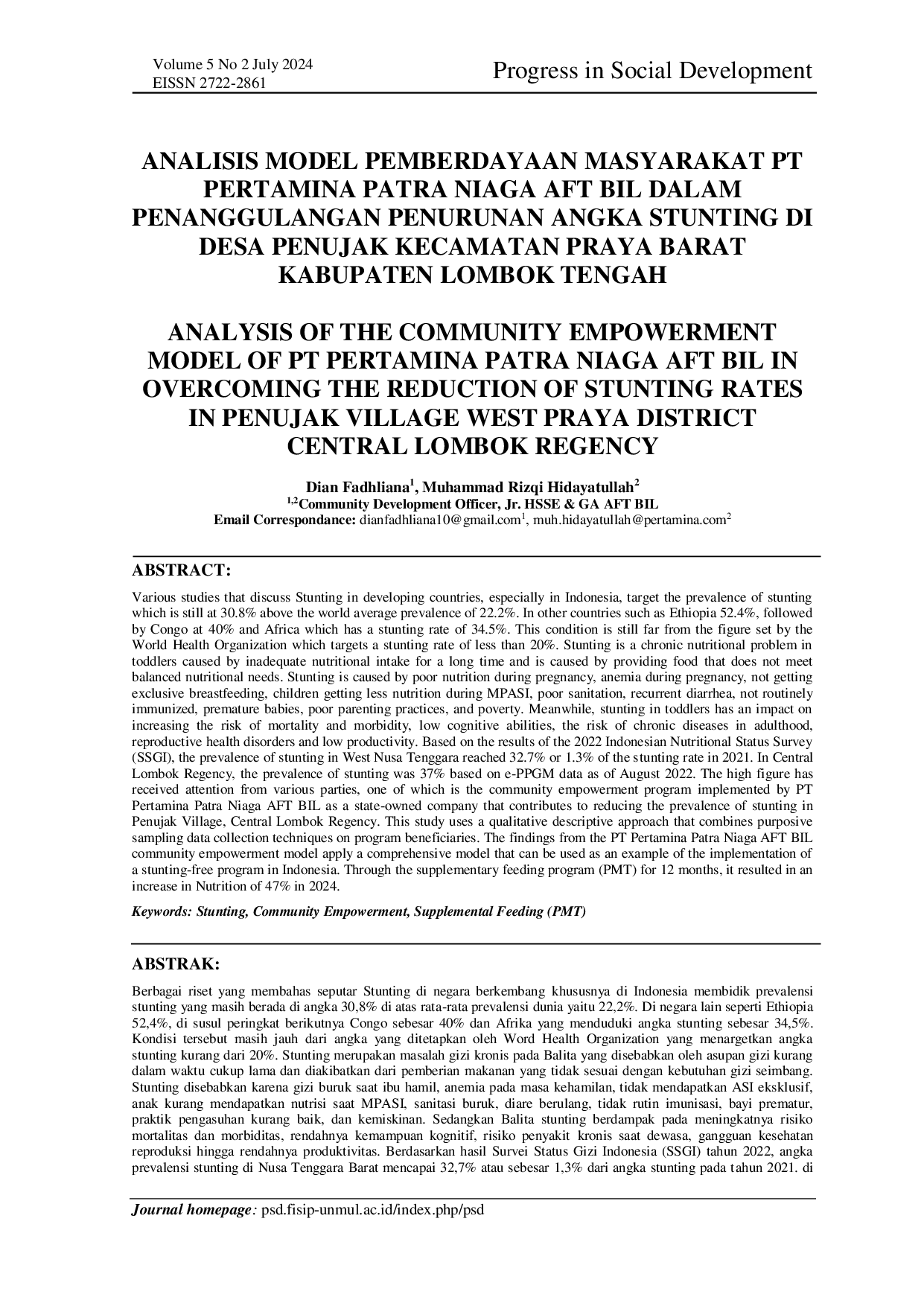 JURIS Analisis Model Pemberdayaan Masyarakat PT Pertamina Patra Niaga Aft Bil Dalam Penanggulangan Penurunan Angka Stunting Di Desa Penujak Kecamatan Praya Barat Kabupaten Lombok Tengah