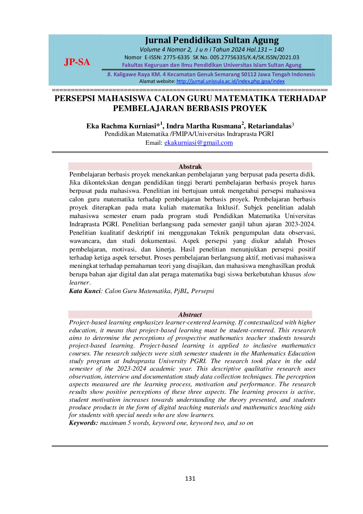 JURIS Persepsi Mahasiswa Calon Guru Matematika terhadap Pembelajaran Berbasis Proyek