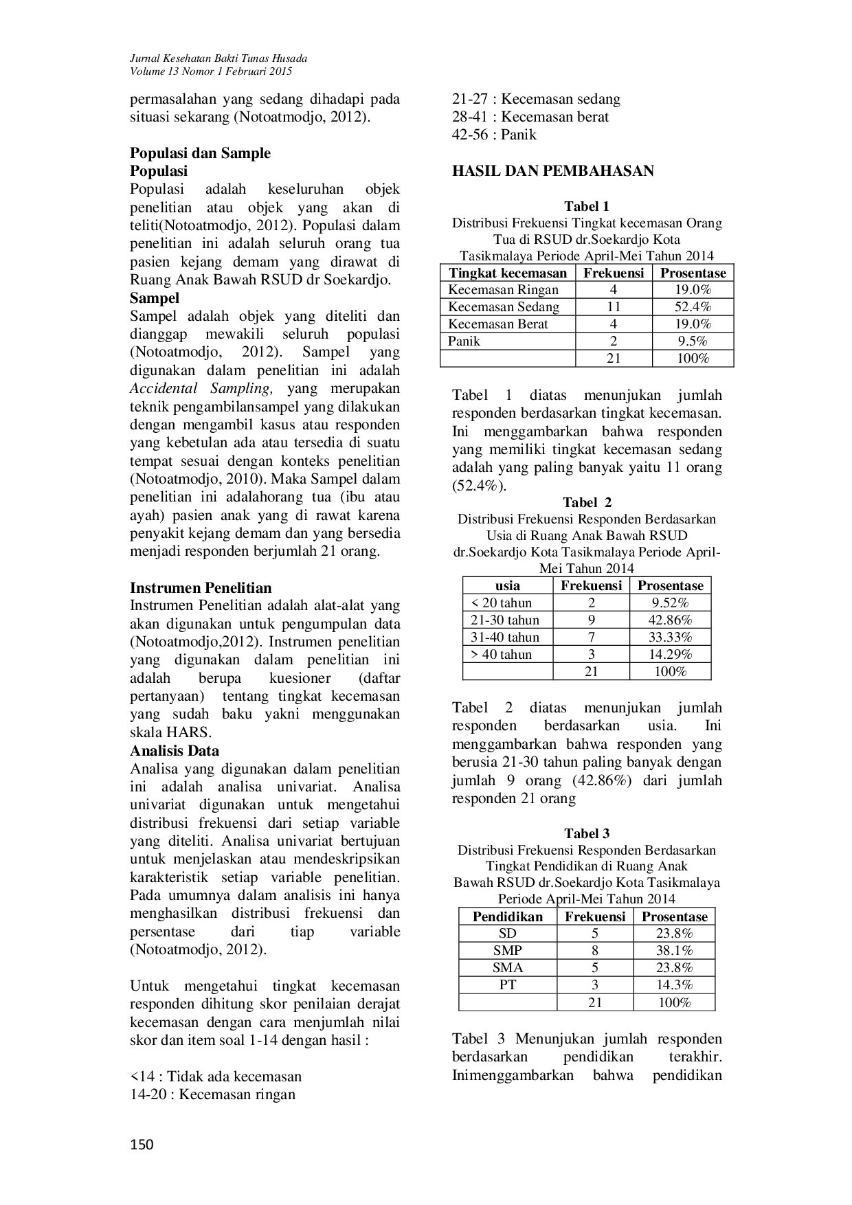 JURIS GAMBARAN TINGKAT KECEMASAN ORANGTUA TERHADAP HOSPITALISASI ANAK DENGAN KEJANG DEMAM DI RUANG ANAK BAWAH RSUD dr SOEKARDJO KOTA TASIKMALAYA