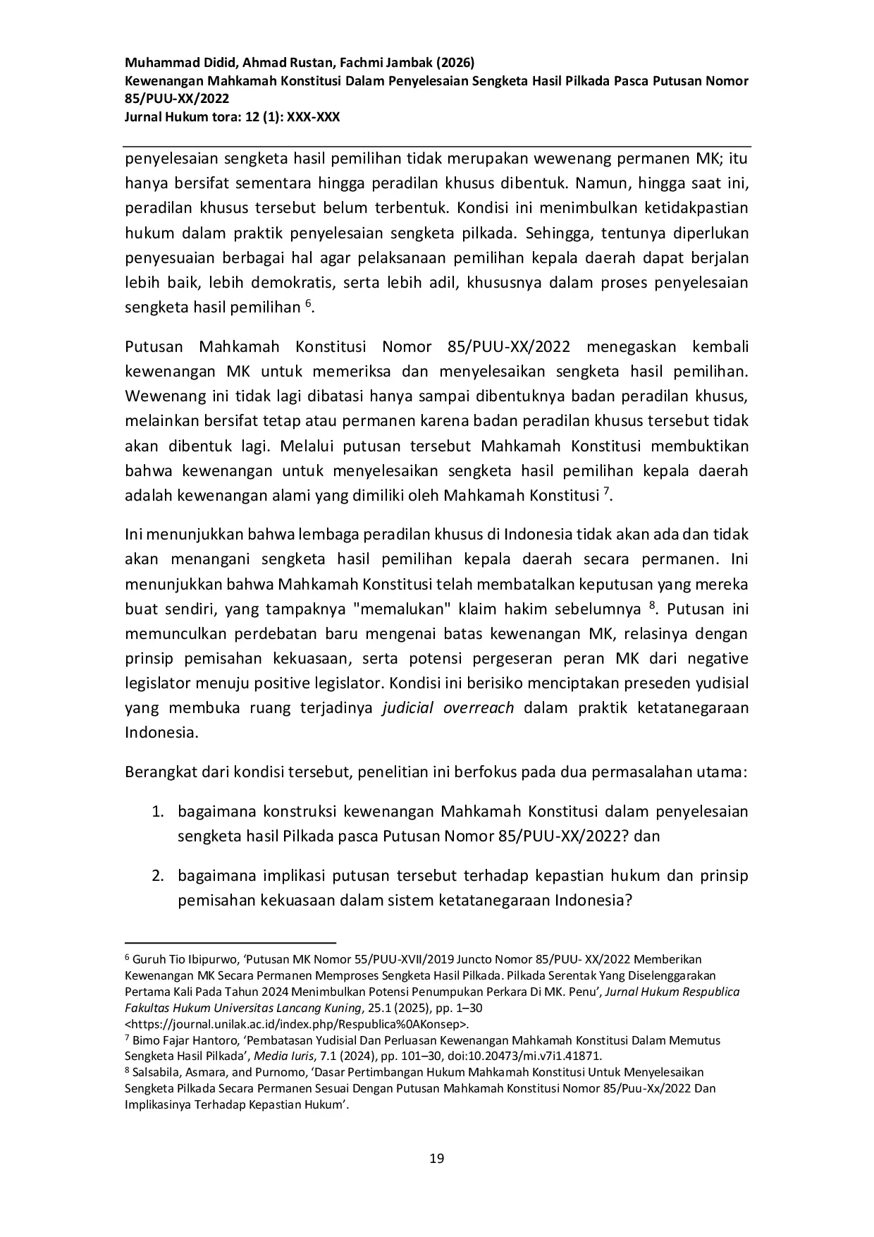 JURIS Kewenangan Mahkamah Konstitusi Dalam Penyelesaian Sengketa Hasil Pilkada Pasca Putusan Nomor 85 PUU XX 2022