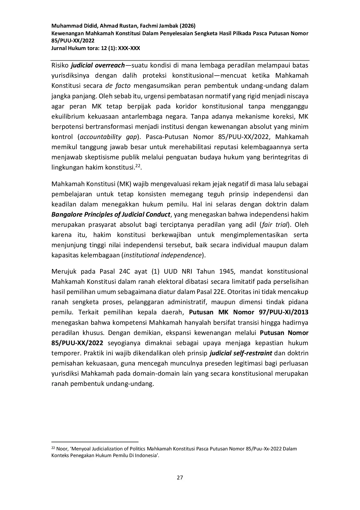 JURIS Kewenangan Mahkamah Konstitusi Dalam Penyelesaian Sengketa Hasil Pilkada Pasca Putusan Nomor 85 PUU XX 2022