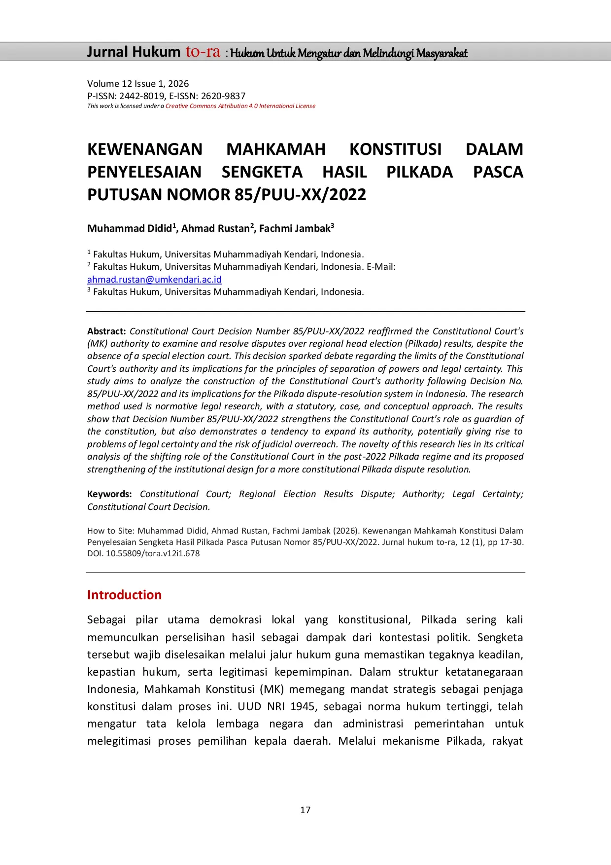 JURIS Kewenangan Mahkamah Konstitusi Dalam Penyelesaian Sengketa Hasil Pilkada Pasca Putusan Nomor 85 PUU XX 2022