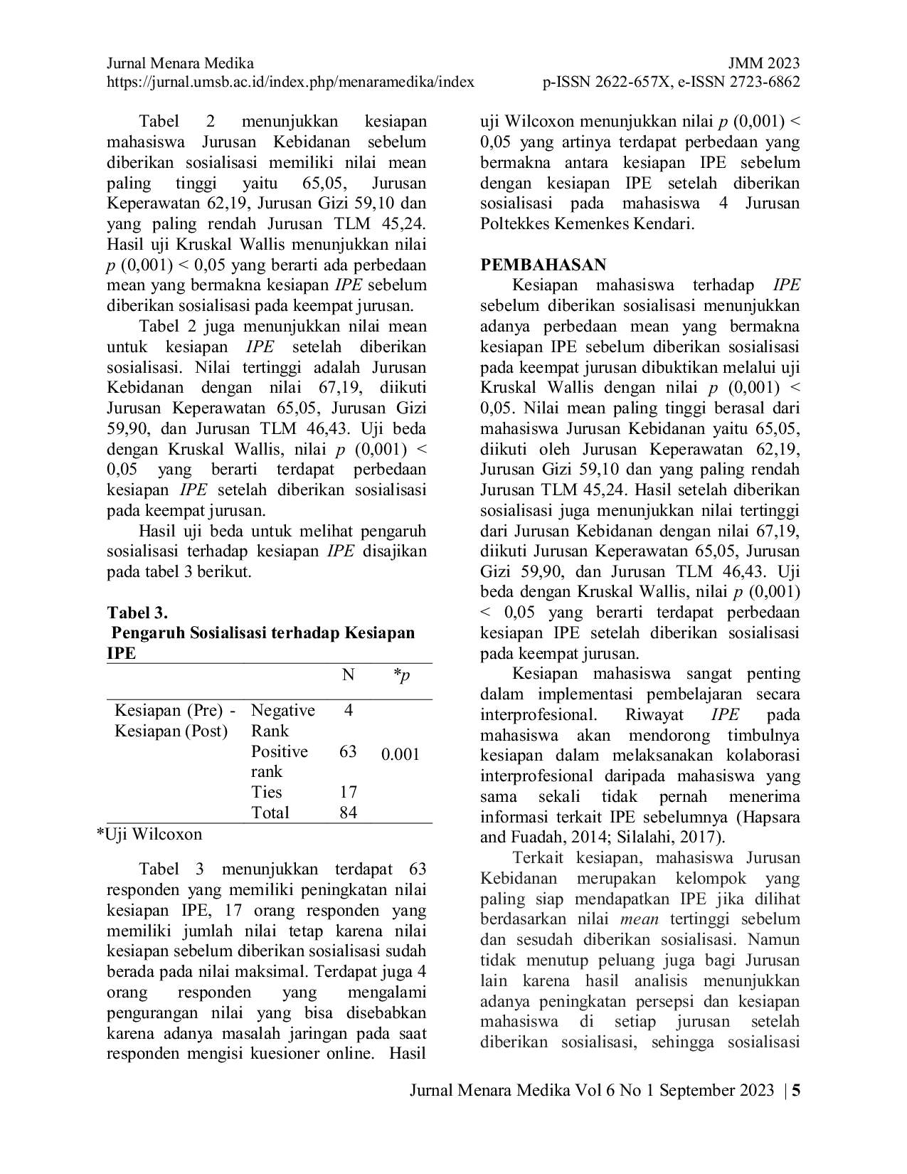 JURIS Pengaruh Sosialisasi Terhadap Kesiapan Mahasiswa Kesehatan Dalam Pembelajaran Interprofessional Education IPE