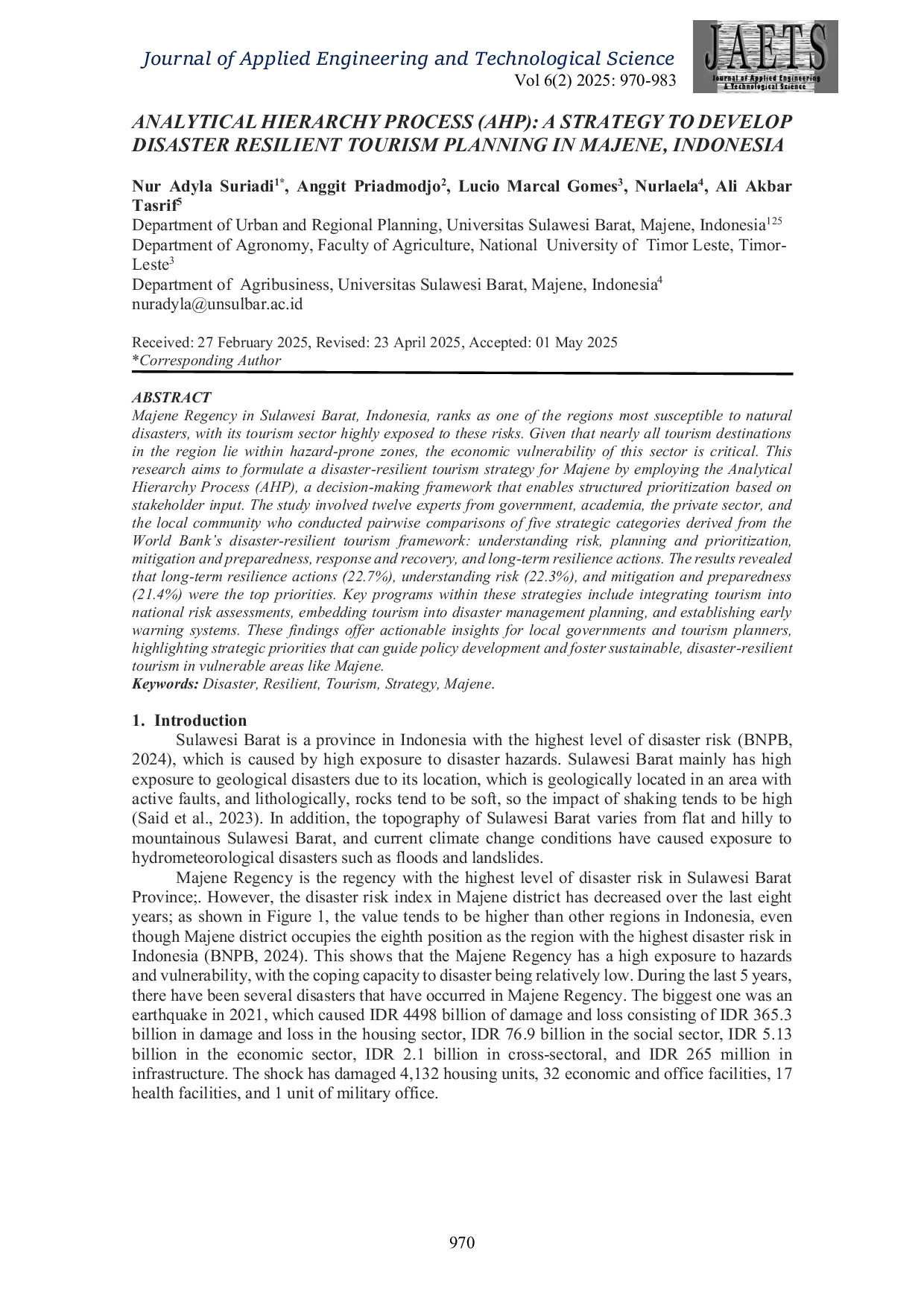 JURIS Analytical Hierarchy Process AHP A Strategy to develop Disaster Resilient Tourism Priority in Indonesia