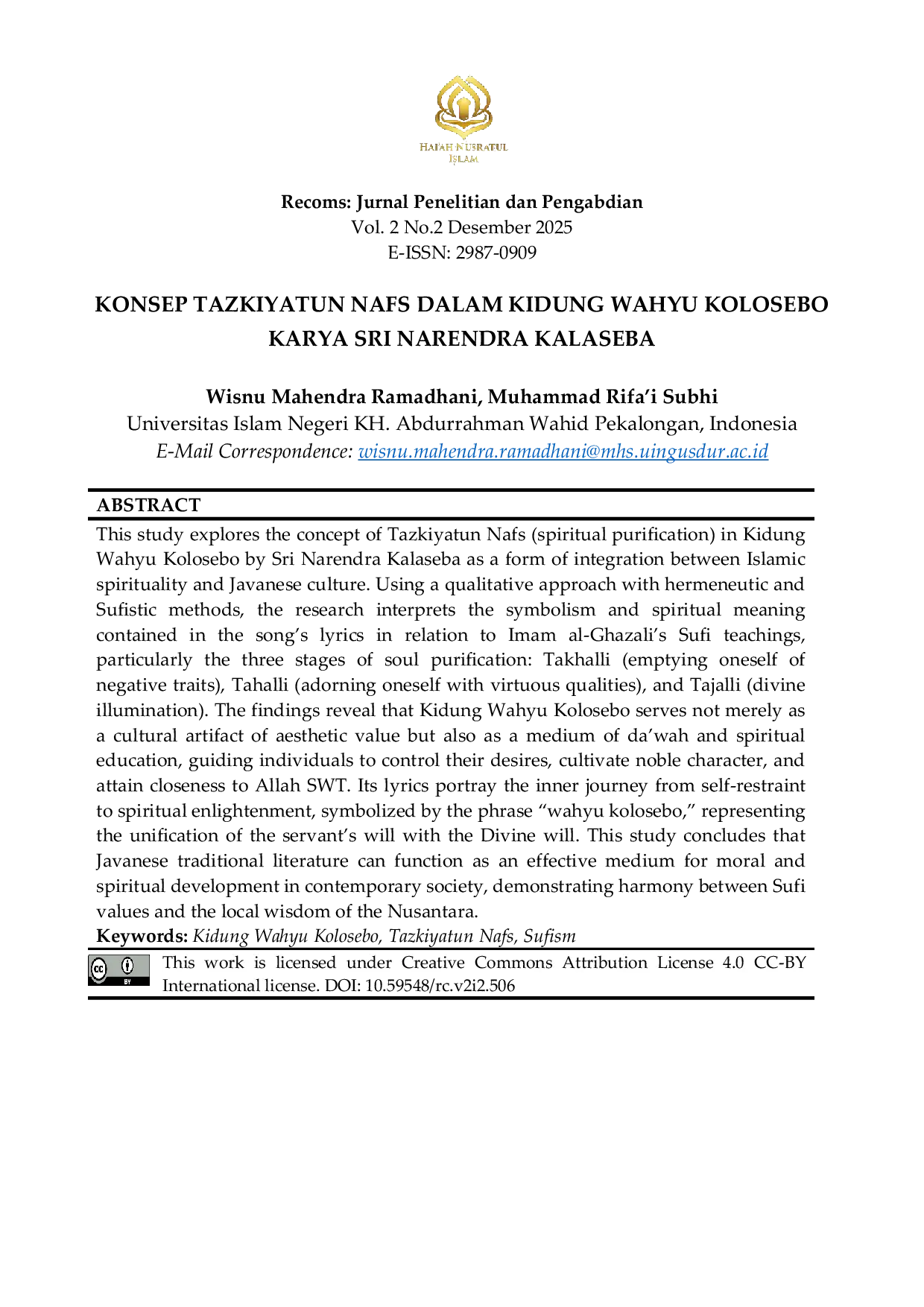 JURIS Konsep Tazkiyatun Nafs Dalam Kidung Wahyu Kolosebo