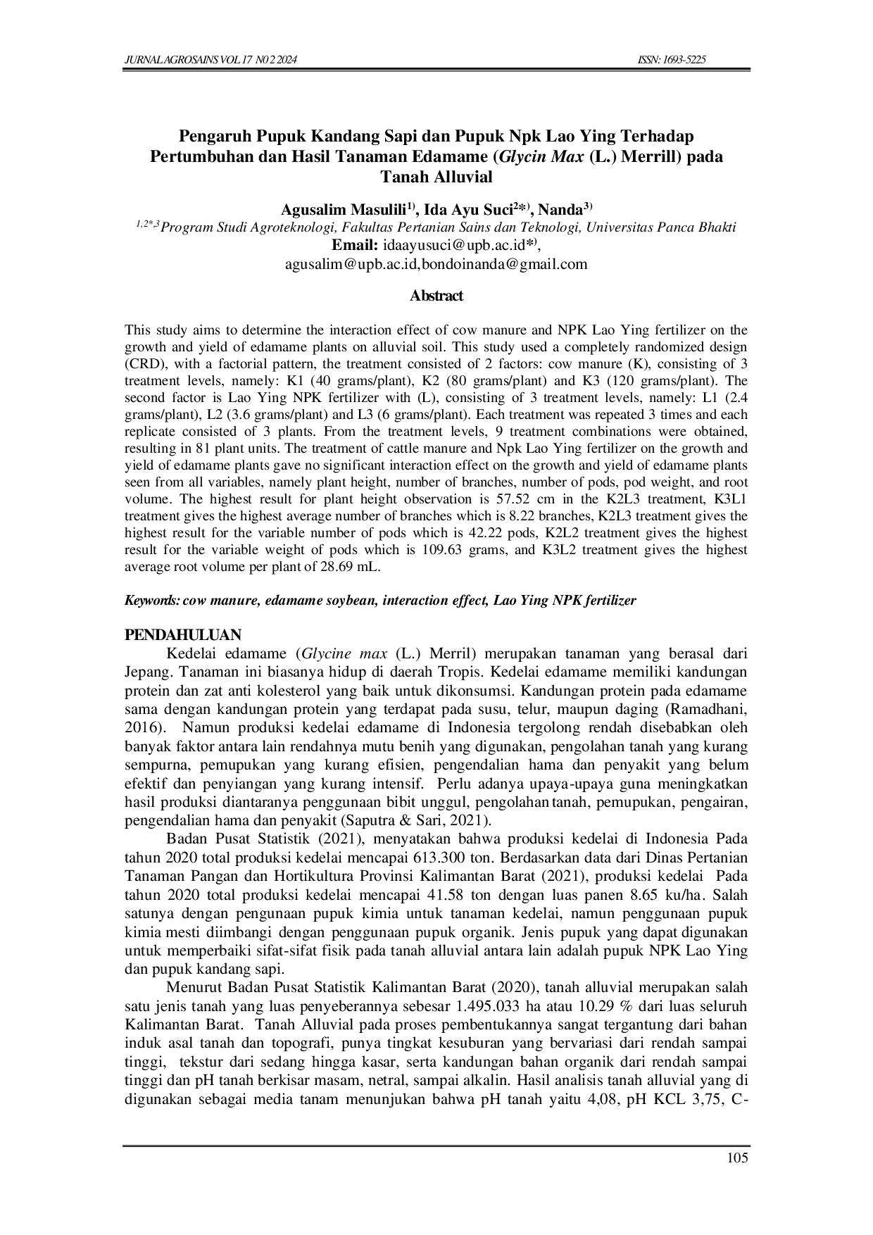 JURIS Pengaruh Pupuk Kandang Sapi dan Pupuk Npk Lao Ying Terhadap Pertumbuhan dan Hasil Tanaman Edamame Glycin Max L Merrill pada Tanah Alluvial