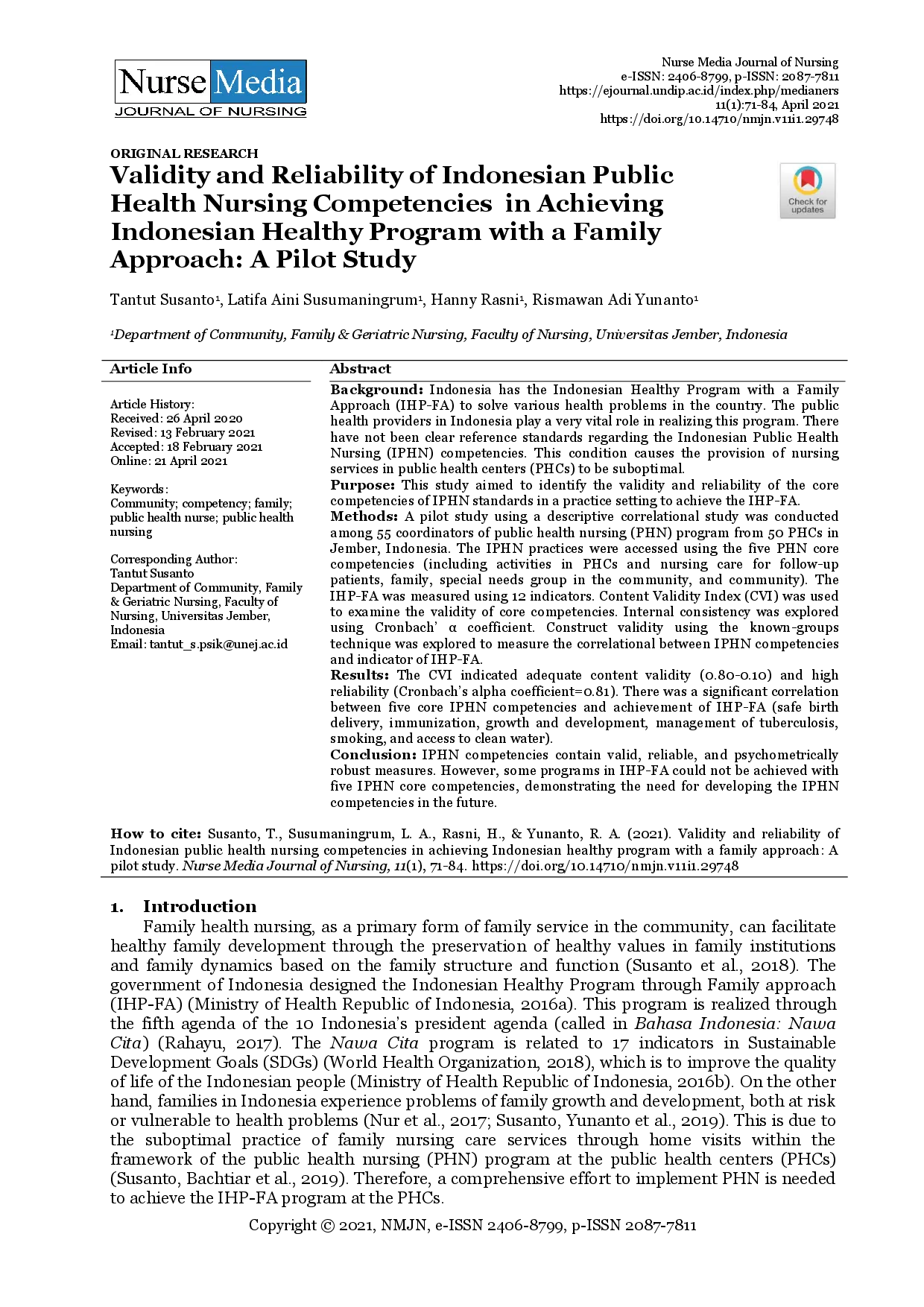 juris Validity and Reliability of Indonesian Public Health Nursing Competencies in Achieving Indonesian Healthy Program with a Family Approach A Pilot Study
