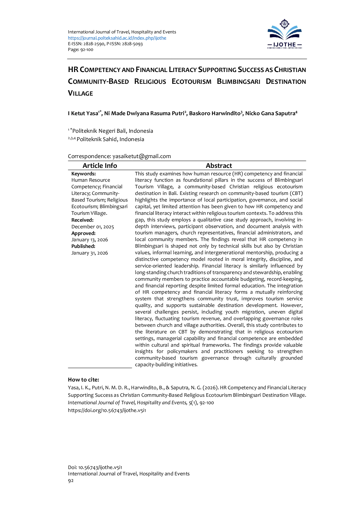 JURIS HR Competency and Financial Literacy Supporting Success as Christian Community Based Religious Ecotourism Blimbingsari Destination Village