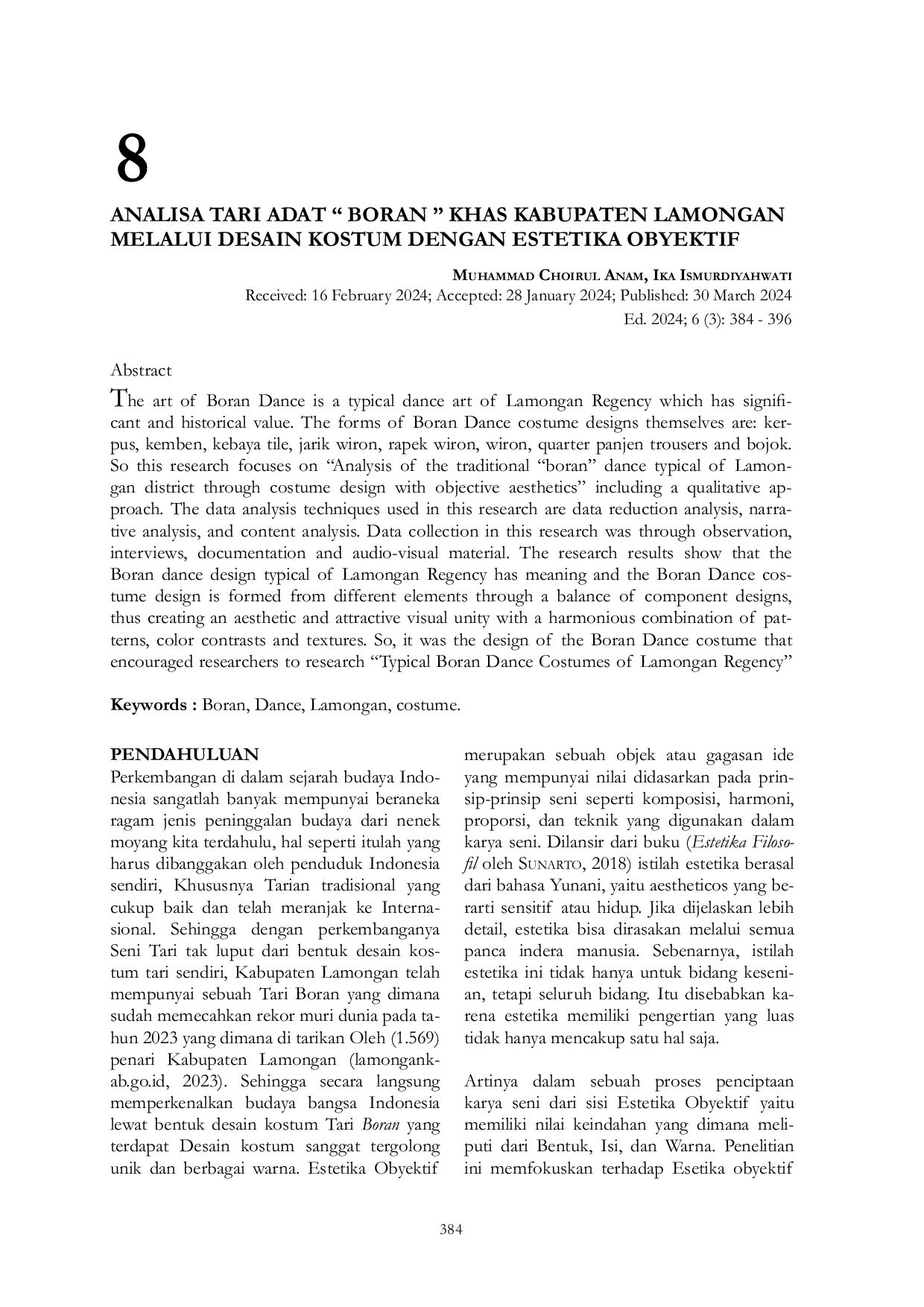 JURIS Analisa Tari Adat Boran Khas Kabupaten Lamongan Melalui Desain Kostum Dengan Estetika Objektif