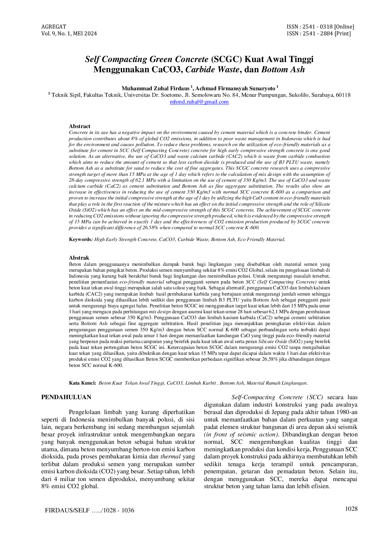 JURIS Self Compacting Green Concrete SCGC Kuat Awal Tinggi Menggunakan CaCO3 Carbide Waste dan Bottom Ash