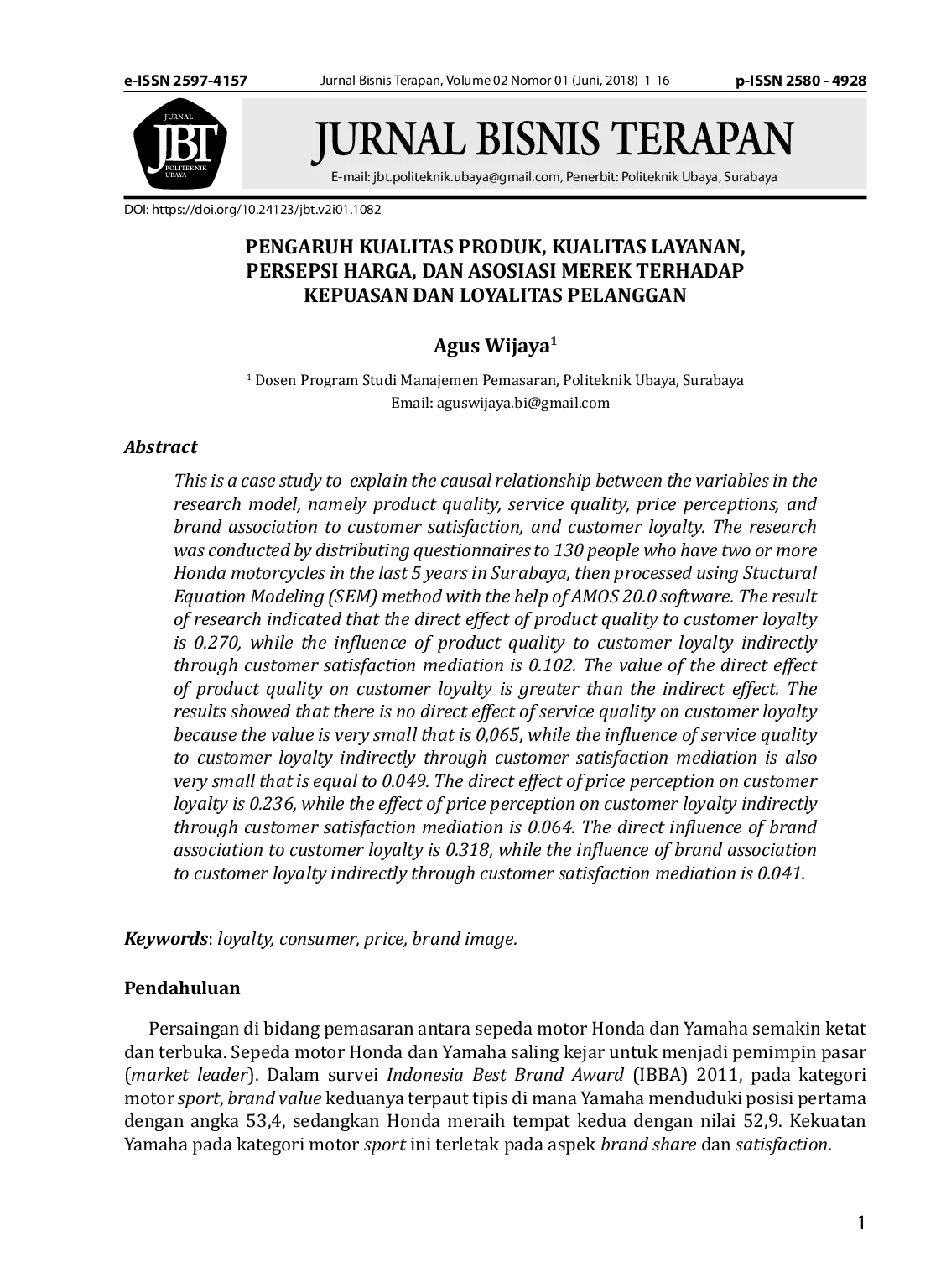 JURIS Pengaruh Kualitas Produk Kualitas Layanan Persepsi Harga Dan Asosiasi Merek Terhadap Kepuasan Dan Loyaltas Pelanggan