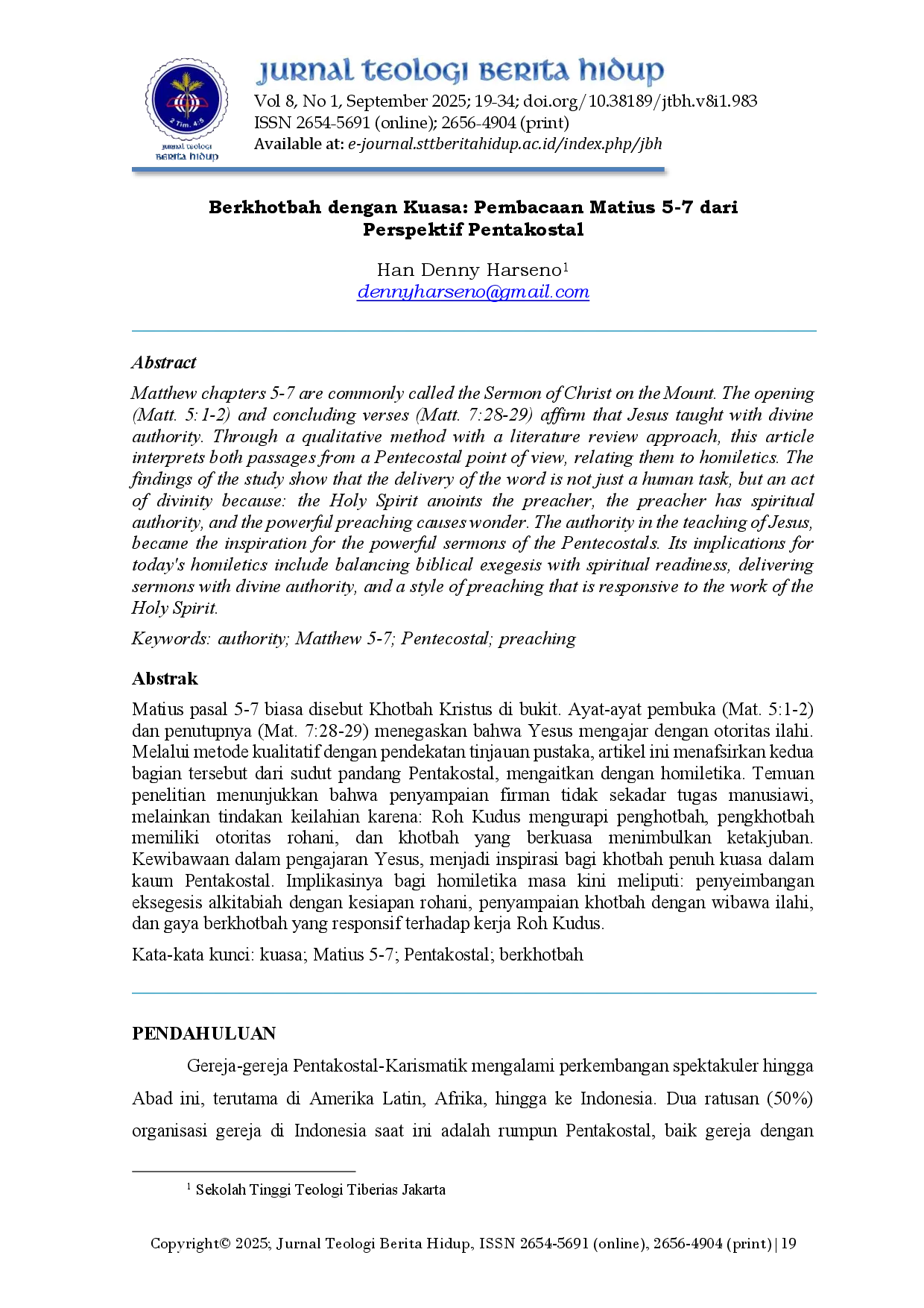 juris Berkhotbah dengan Kuasa Pembacaan Matius 5 7 dari Perspektif Pentakostal