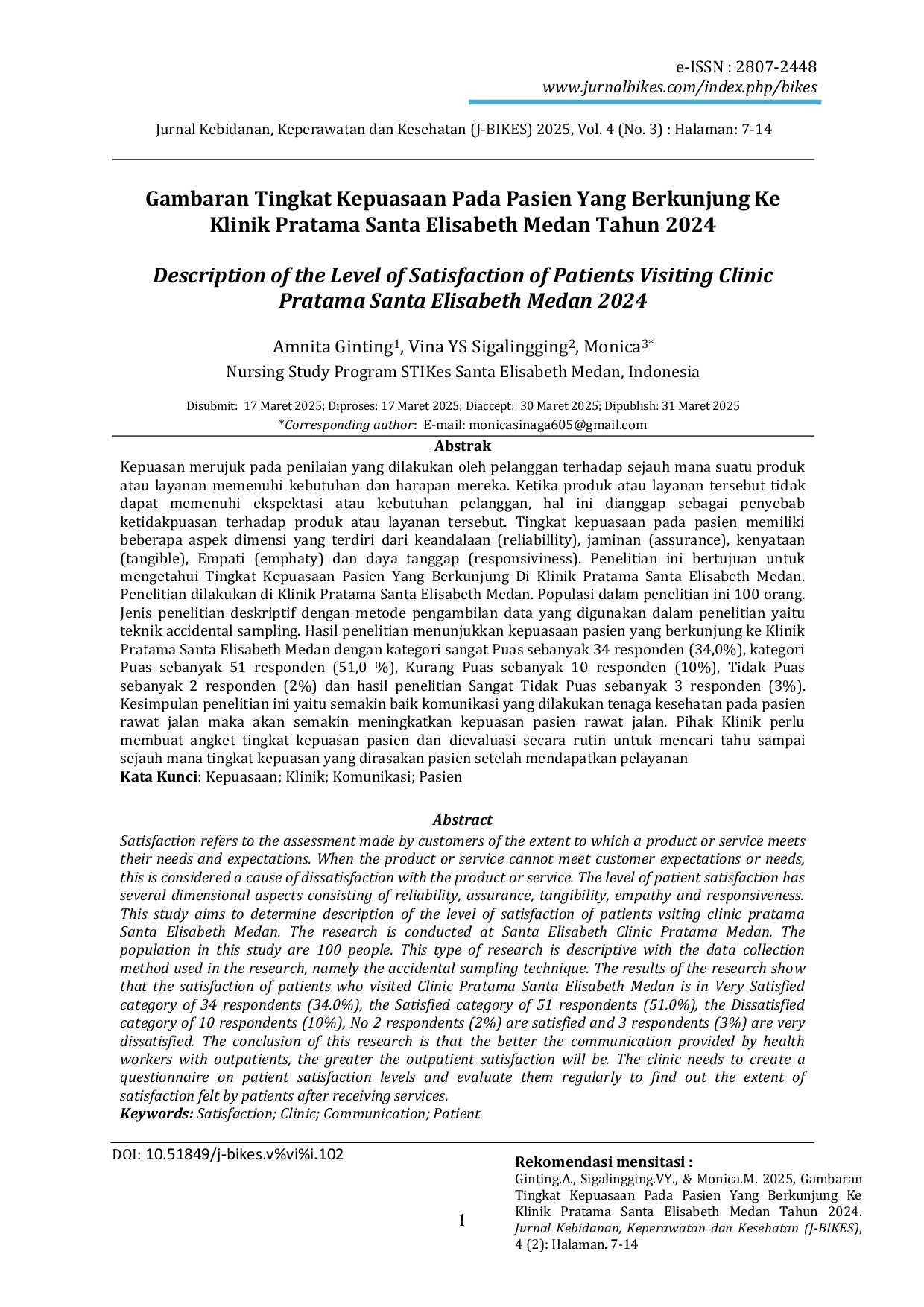 JURIS Description of the Level of Satisfaction of Patients Visiting Clinic Pratama Santa Elisabeth Medan 2024