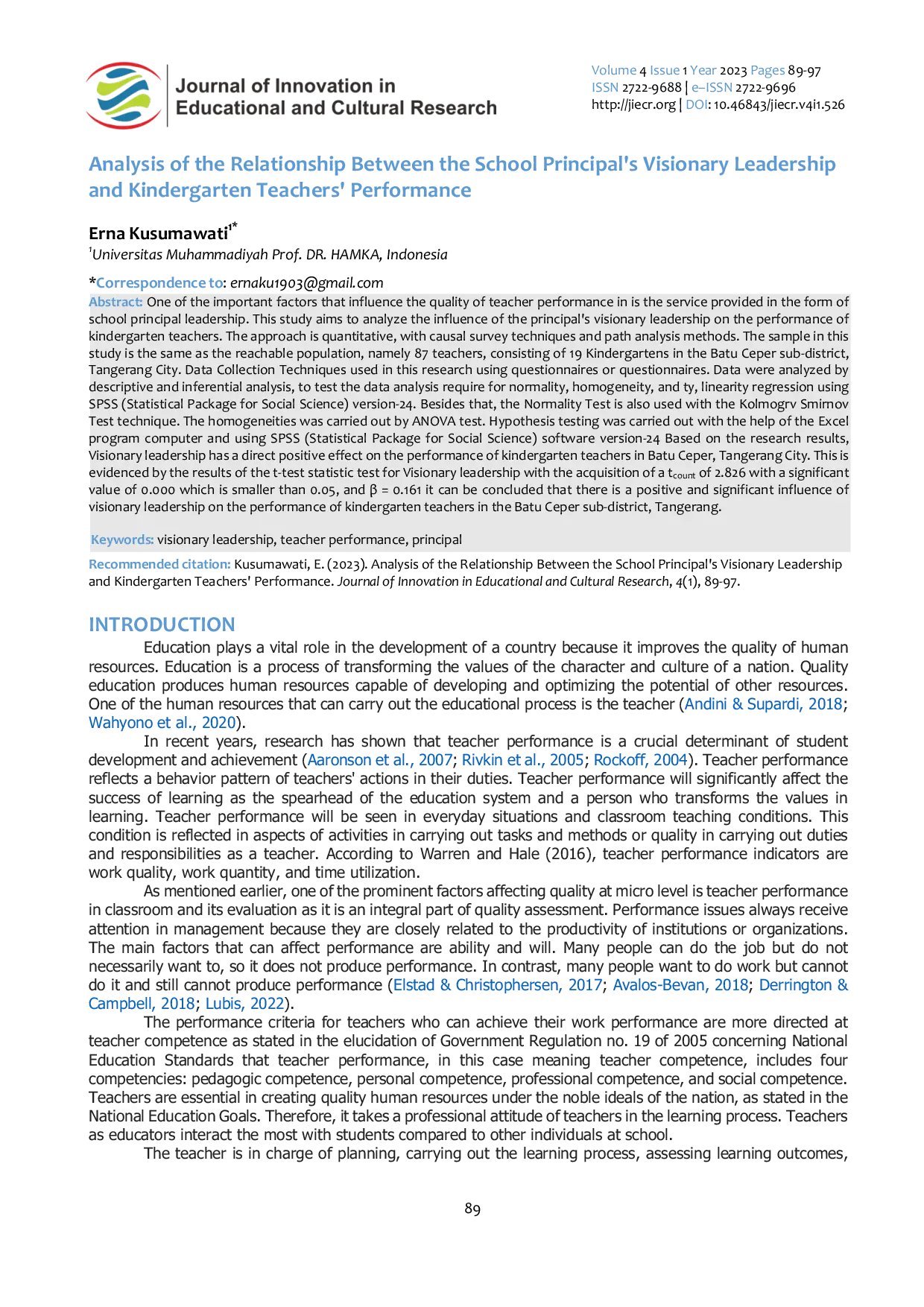 JURIS Analysis of the Relationship Between the School Principal s Visionary Leadership and Kindergarten Teachers Performance