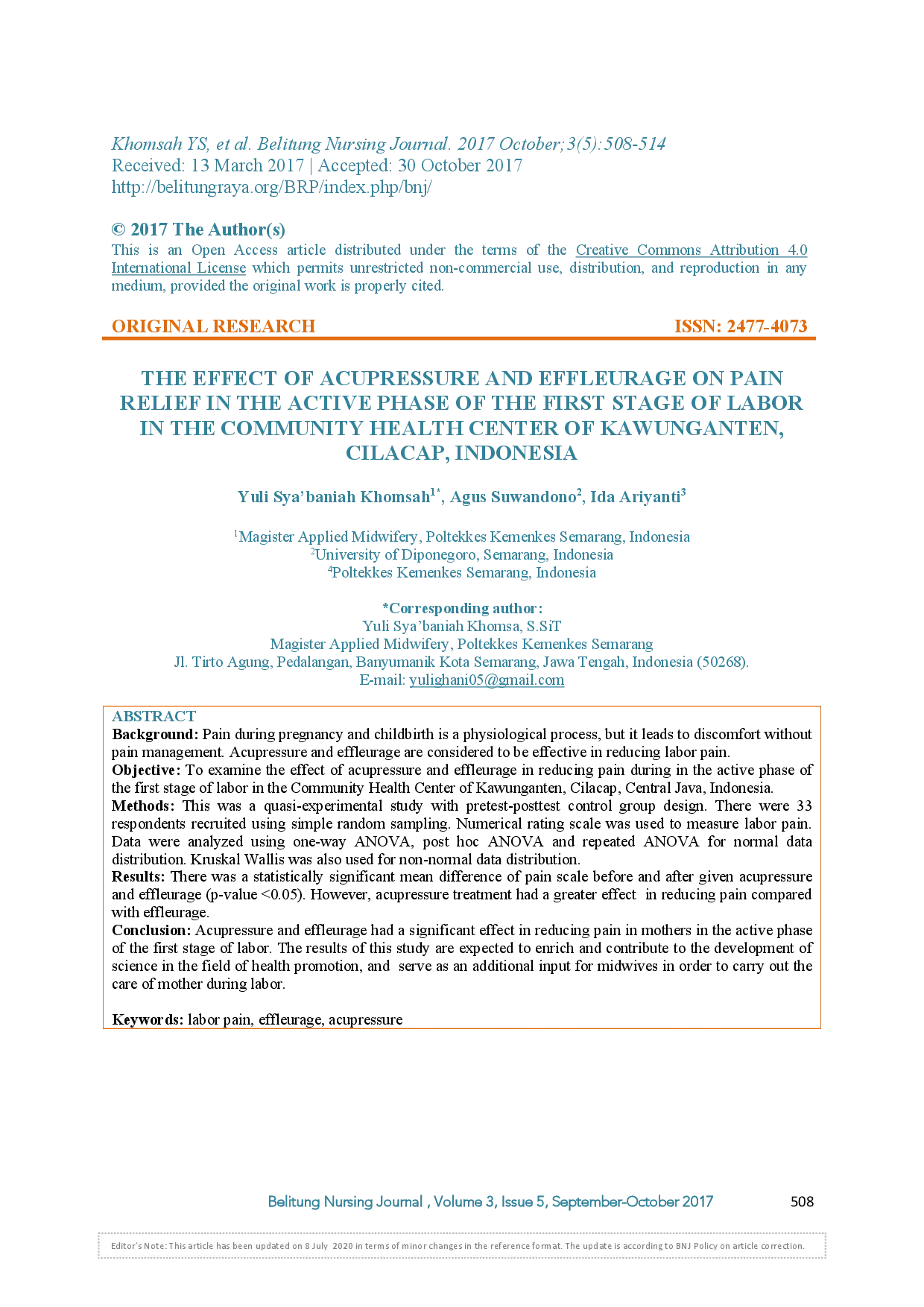 juris The Effect of Acupressure and Effleurage on Pain Relief in the Active Phase of the First Stage of Labor in the Community Health Center of Kawunganten Cilacap Indonesia