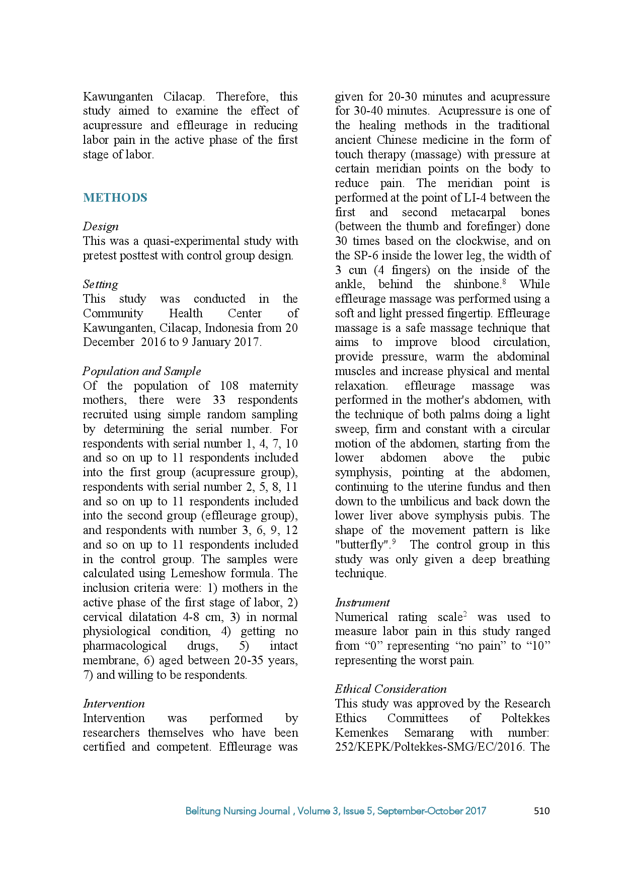 juris The Effect of Acupressure and Effleurage on Pain Relief in the Active Phase of the First Stage of Labor in the Community Health Center of Kawunganten Cilacap Indonesia
