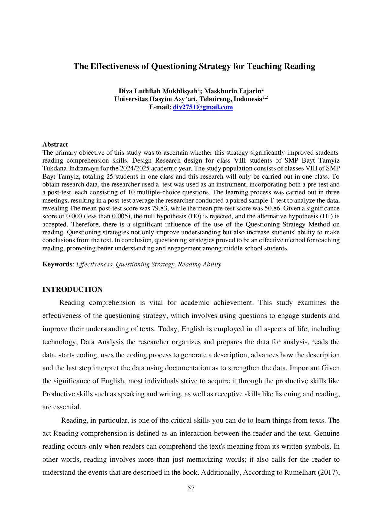 juris The EFFECTIVENESS OF QUESTIONING STRATEGY FOR TEACHING READING