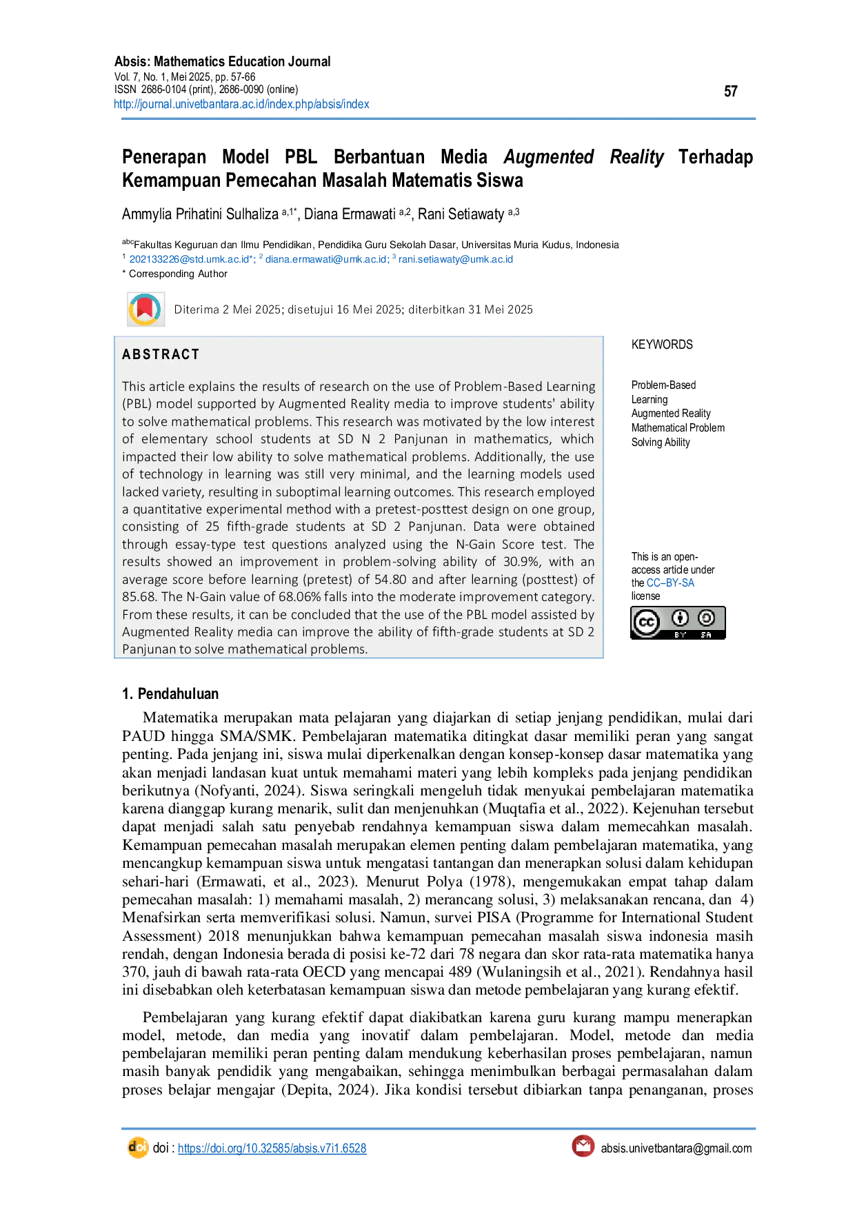 JURIS Penerapan Model PBL Berbantuan Media Augmented Reality Terhadap Kemampuan Pemecahan Masalah Matematis Siswa