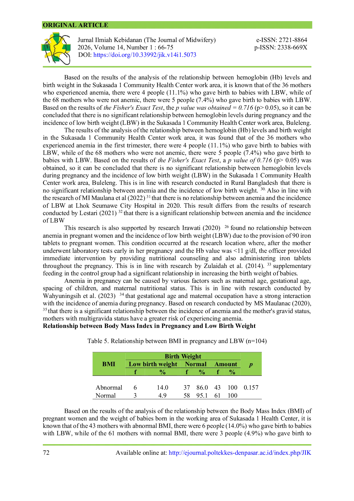 JURIS Maternal Nutritional Status and Hemoglobin Level as Predictors of Low Birth Weight