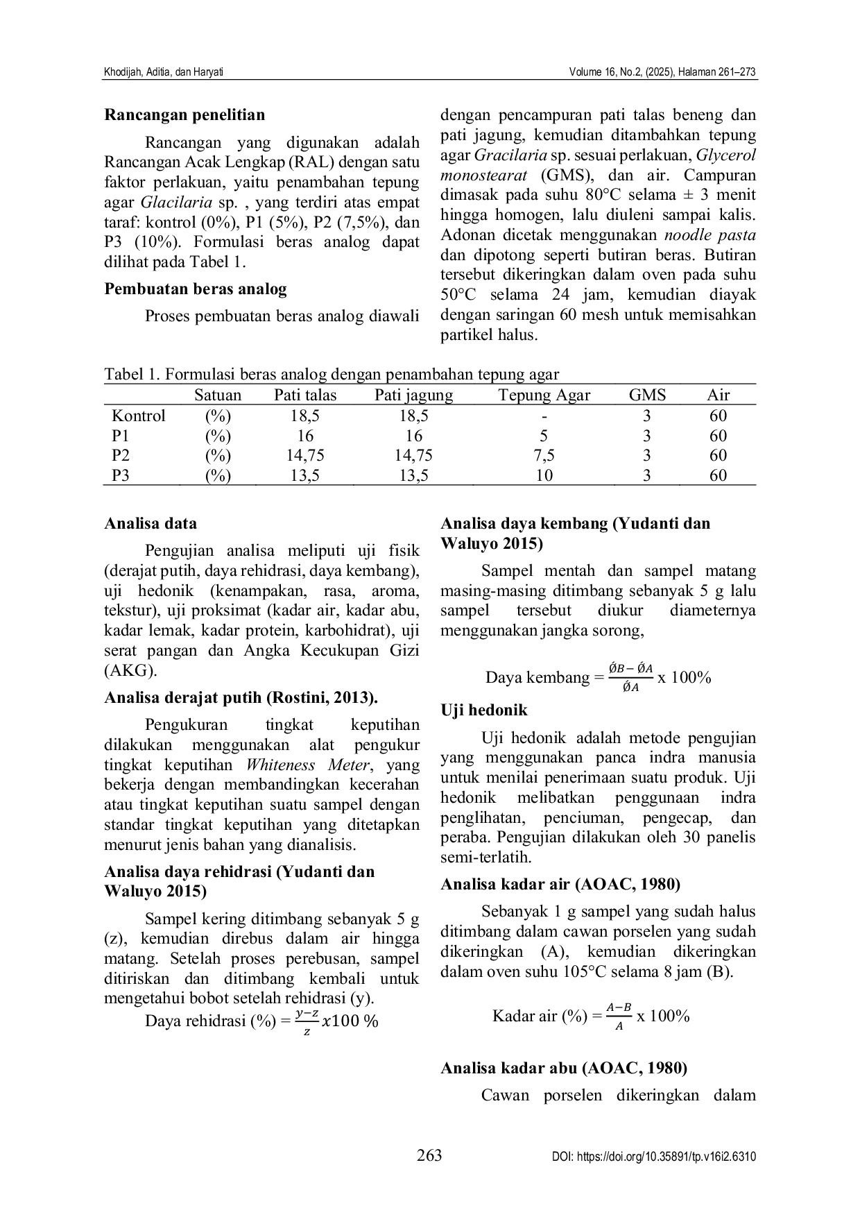 JURIS Sifat fisikokimia beras analog berbasis pati talas beneng dan pati jagung dengan substitusi agar dari rumput laut Glacilaria sp Physicochemical properties of analog rice based on beneng taro starc