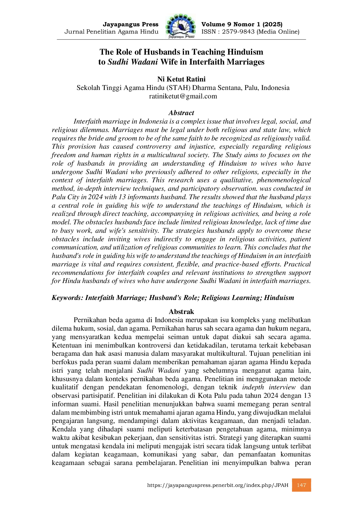 JURIS The Role of Husbands in Teaching Hinduism to Sudhi Wadani Wife in Interfaith Marriages