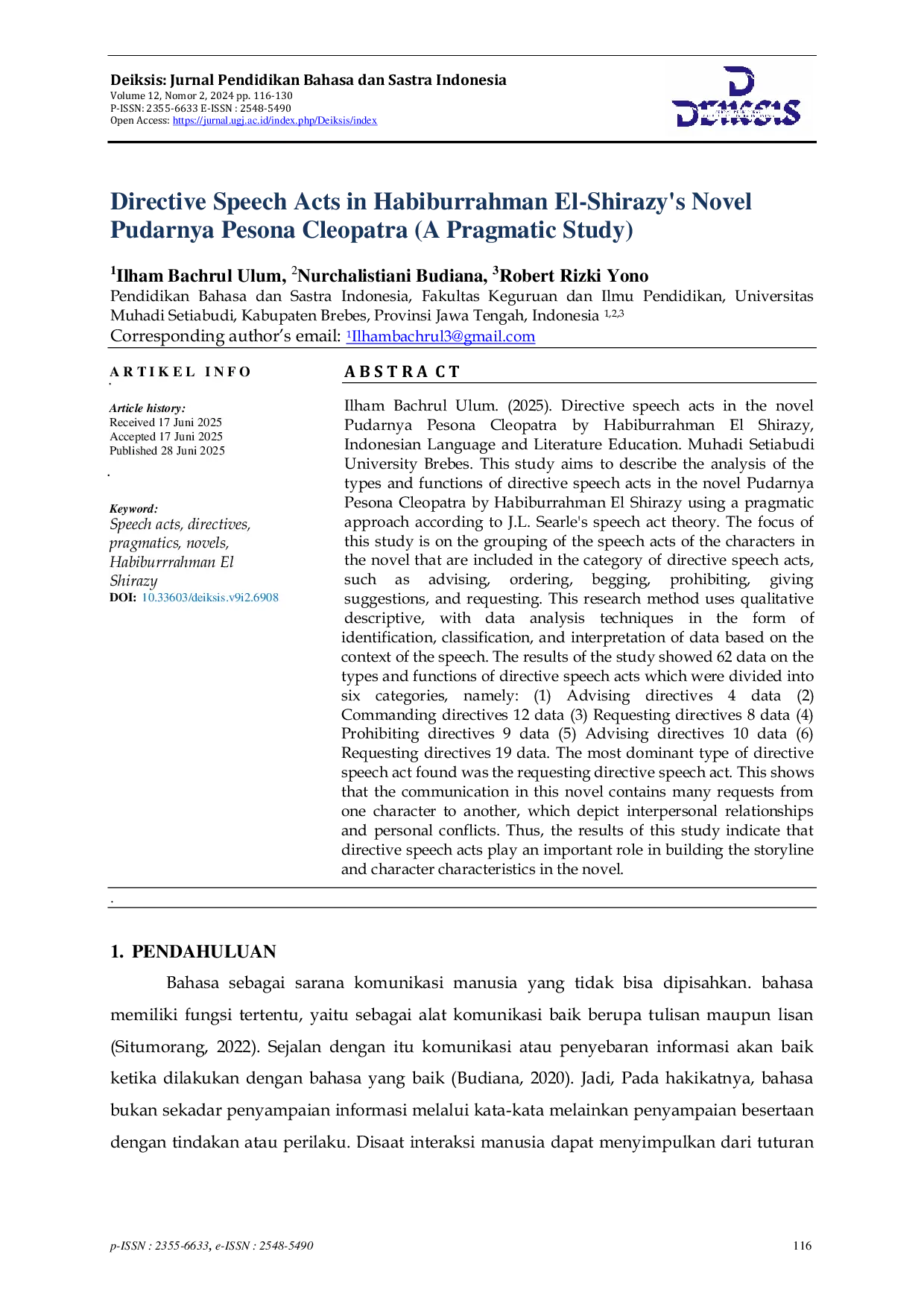 JURIS Directive Speech Acts in Habiburrahman El Shirazy s Novel Pudarnya Pesona Cleopatra A Pragmatic Study