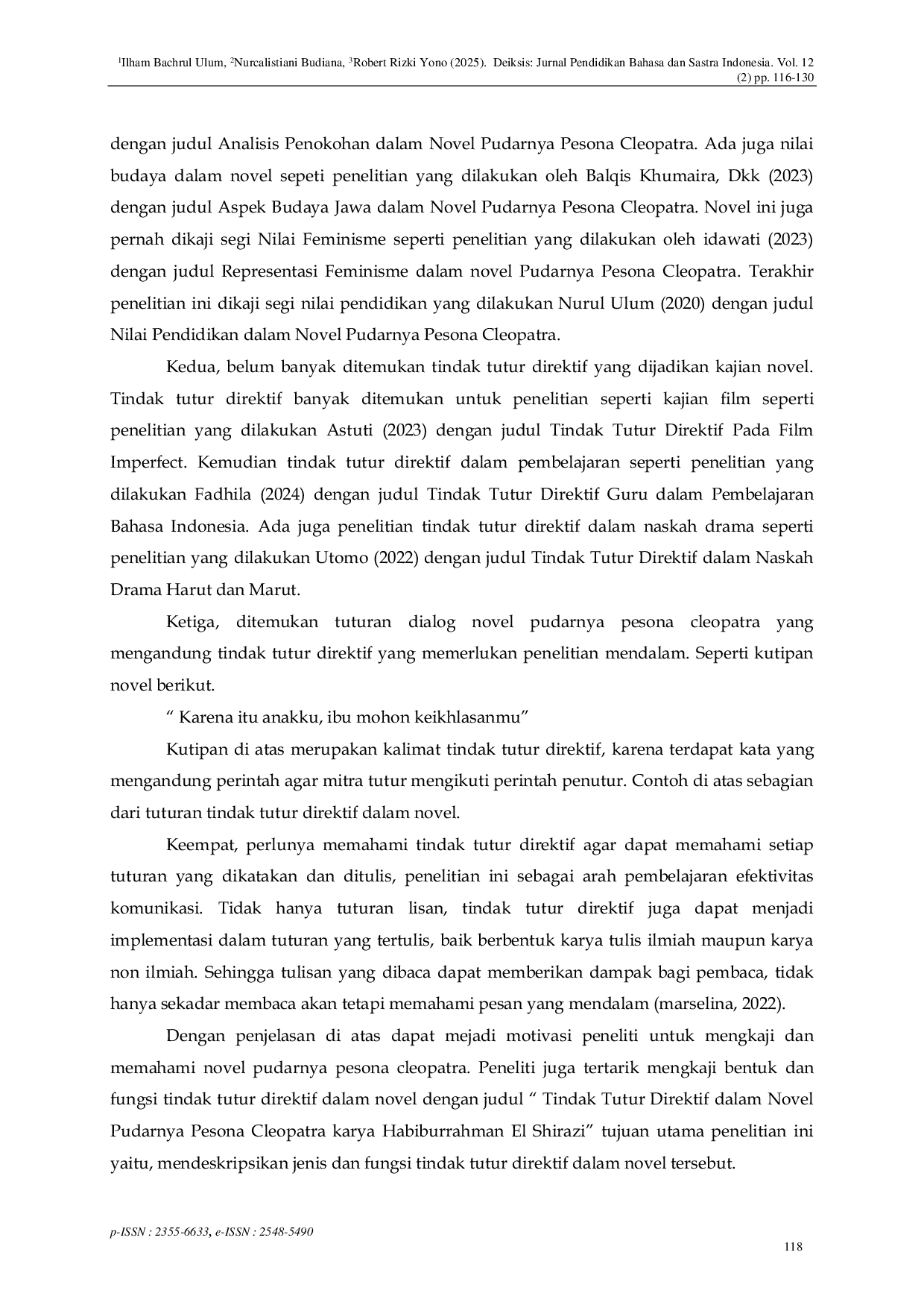 JURIS Directive Speech Acts in Habiburrahman El Shirazy s Novel Pudarnya Pesona Cleopatra A Pragmatic Study