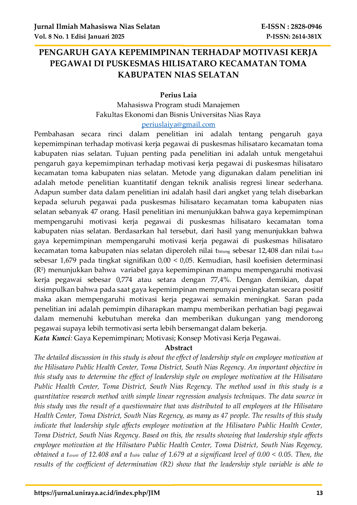 JURIS Pengaruh Gaya Kepemimpinan Terhadap Motivasi Kerja Pegawai Di Puskesmas Hilisataro Kecamatan Toma Kabupaten Nias Selatan