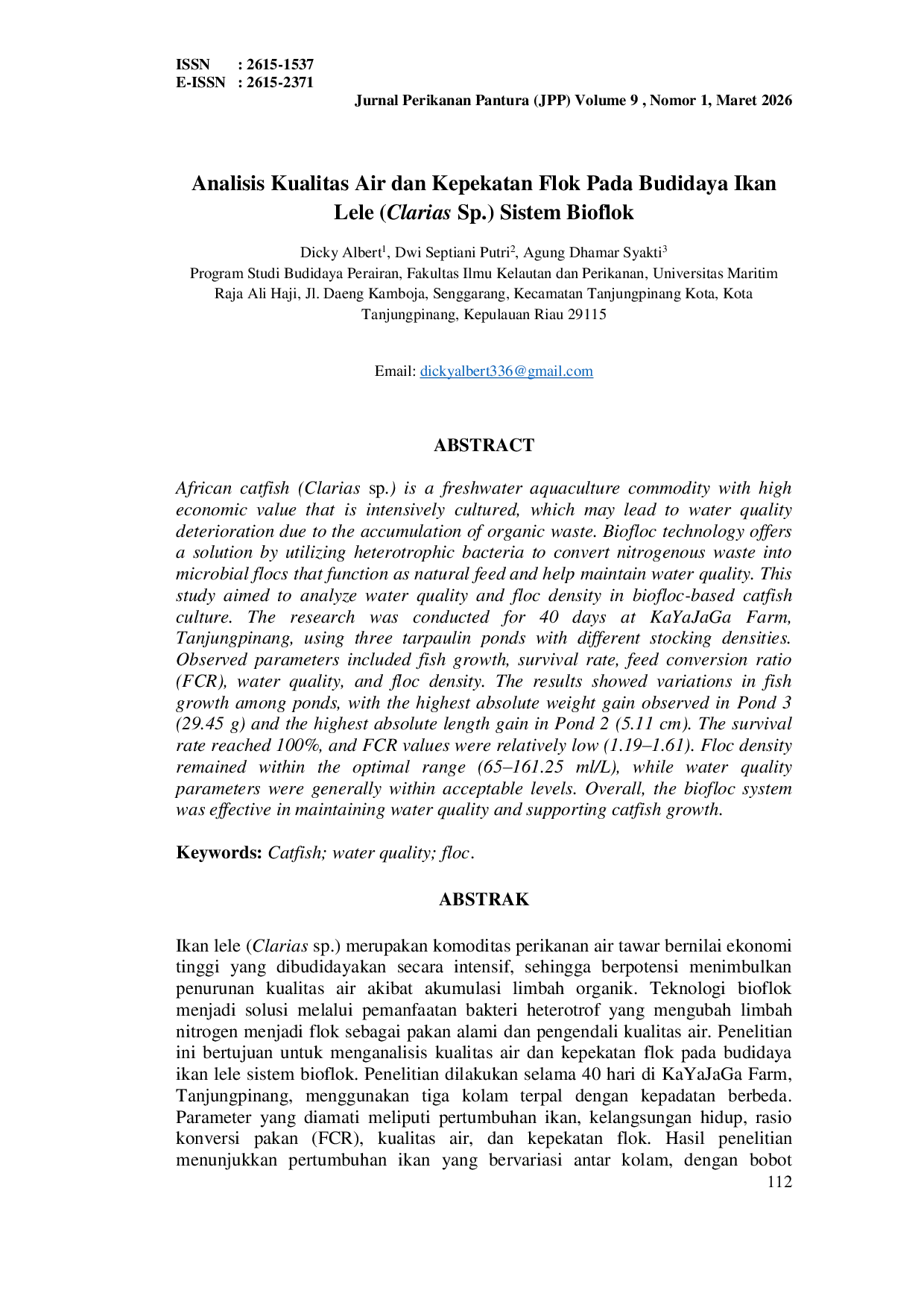 JURIS Analisis Kualitas Air dan Kepekatan Flok Pada Budidaya Ikan Lele Clarias Sp Sistem Bioflok