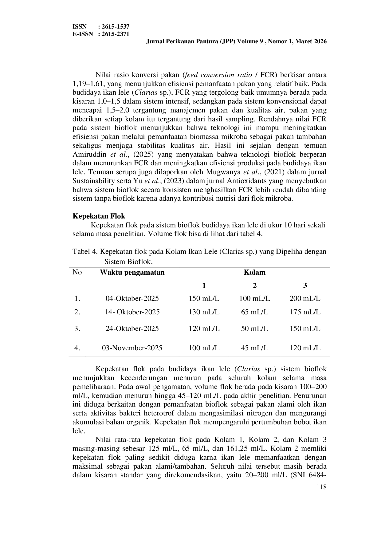 JURIS Analisis Kualitas Air dan Kepekatan Flok Pada Budidaya Ikan Lele Clarias Sp Sistem Bioflok
